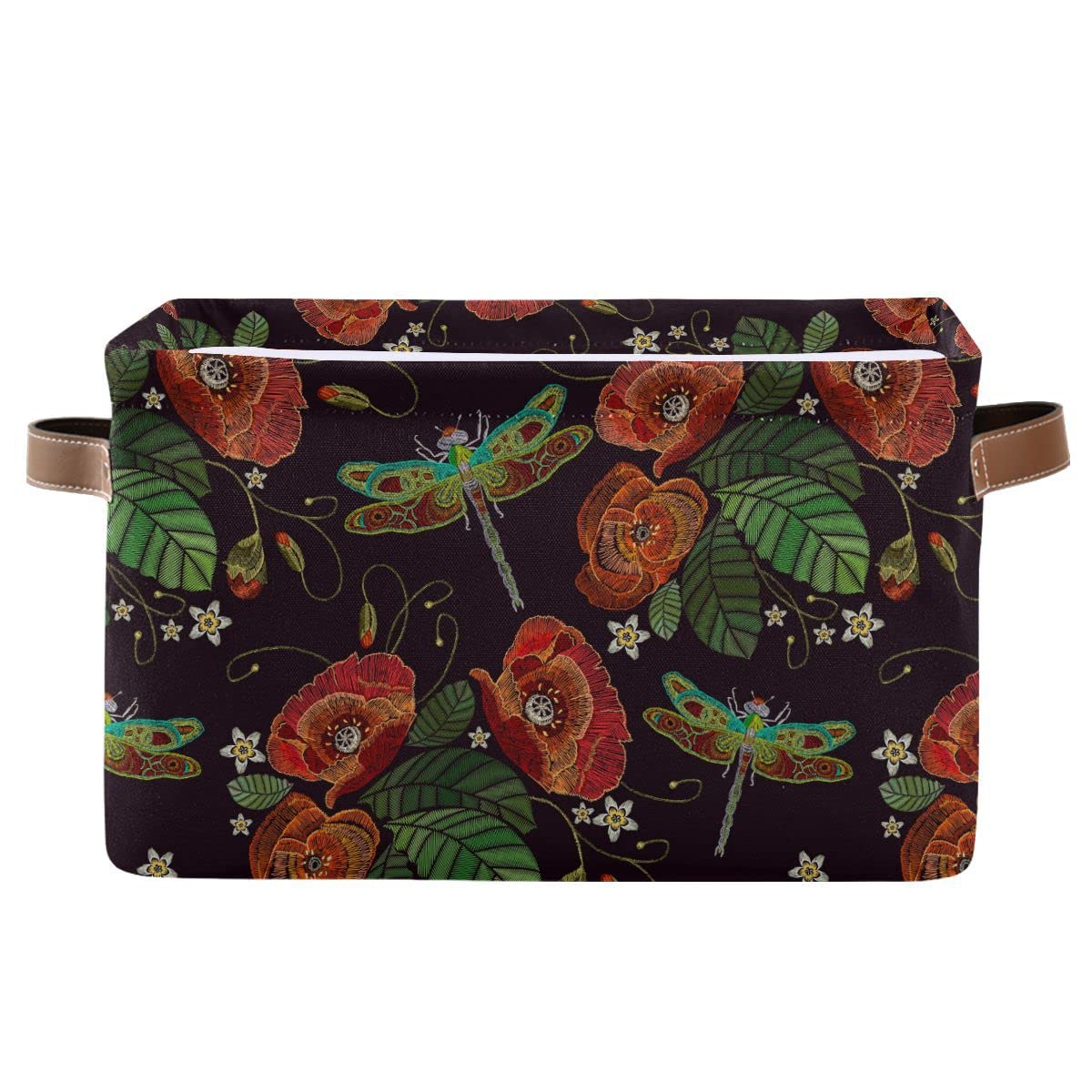 xigua Dragonfly Flower Pattern Storage Basket Collapsible Toy Storage Bins Waterproof Canvas Storage Basket with Leather Handles