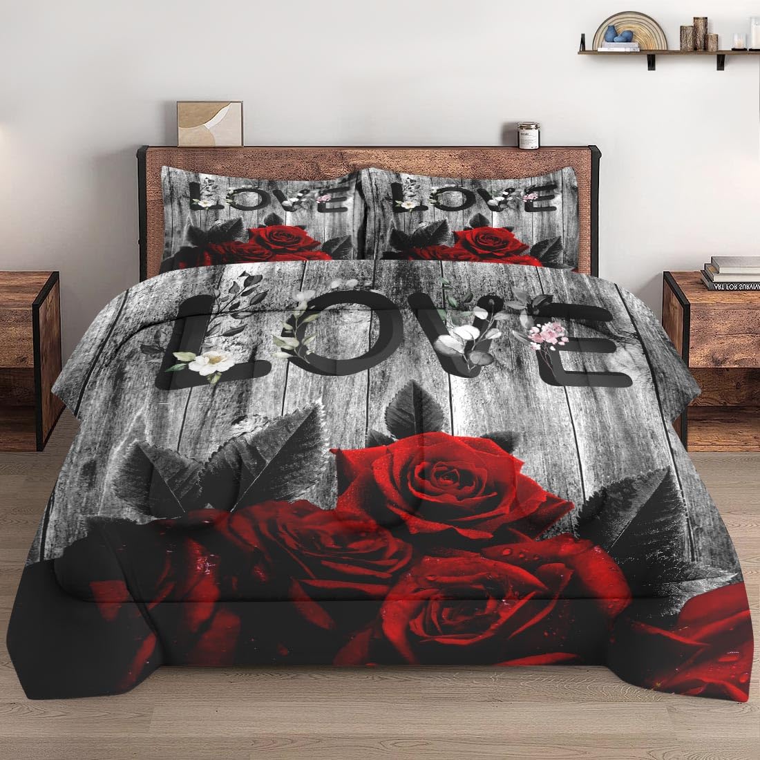 Wecozy Comforter Set Queen Size With 2 Pillowcases, Red Rose Flower 3 Pcs Bedding Set For Kids And Adults, Summer Vintage Woodbo