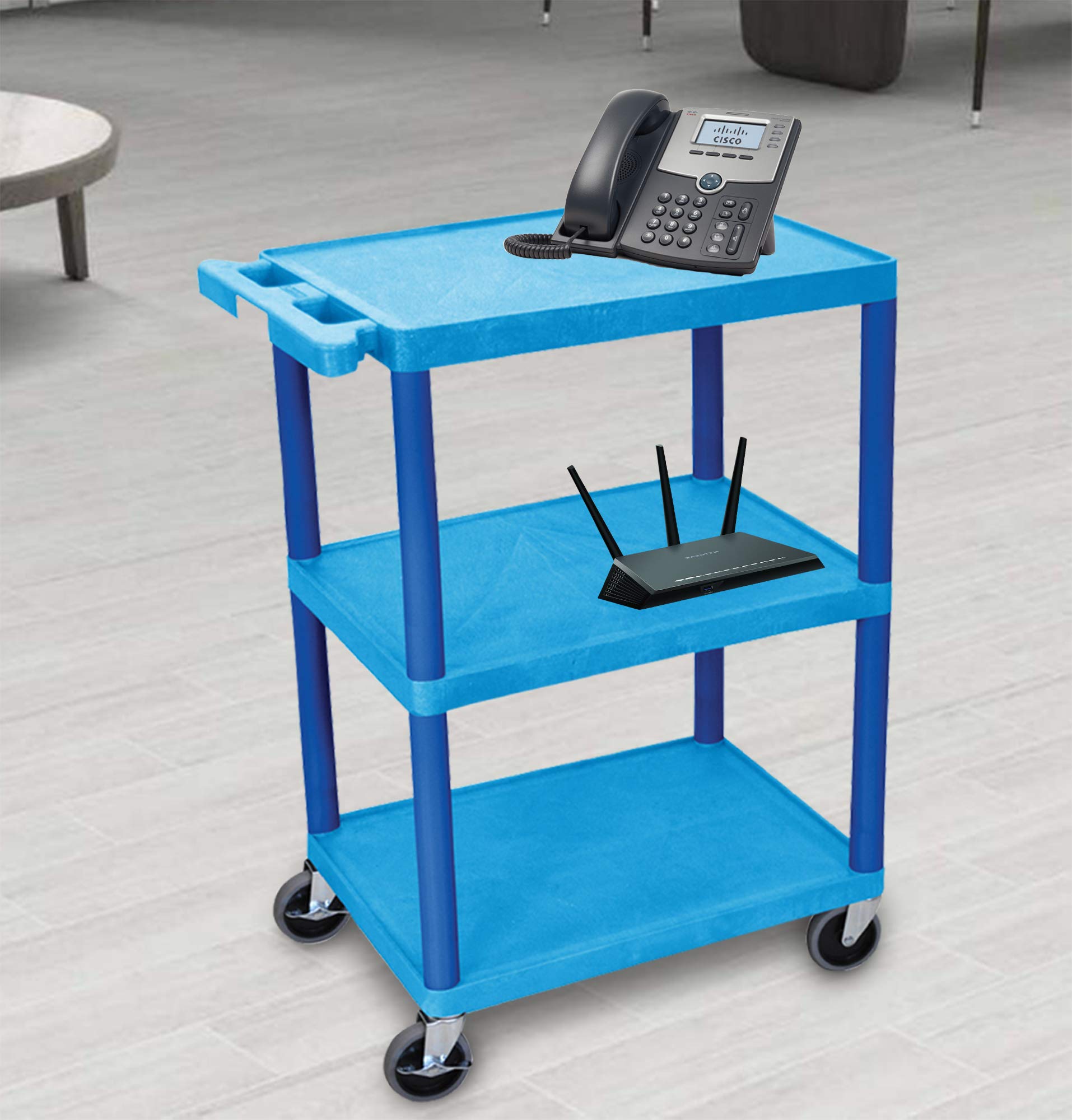 LUXOR HE34-BU Utility Cart - 3 Shelves Structural Foam Plastic, Four 4&quot; Casters, Two with Locking Brake, Ergonomic Push Handle, 24&quot;W x 18&quot;D x 34&quot;H, Offices, Classrooms