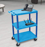 LUXOR HE34-BU Utility Cart - 3 Shelves Structural Foam Plastic, Four 4" Casters, Two with Locking Brake, Ergonomic Push Handle, 24"W x 18"D x 34"H, Offices, Classrooms