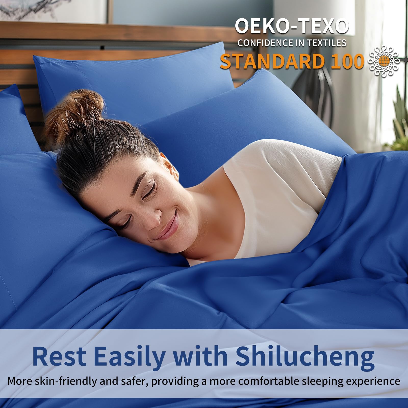 Shilucheng 6 Piece King Sheet Sets, Cooling Sheets, Blend Rayon Derived From Bamboo, Deep Pocket Up To 16', Breathable & Soft Bed Sheets, Hotel Silky Bedding Set, Navy Blue