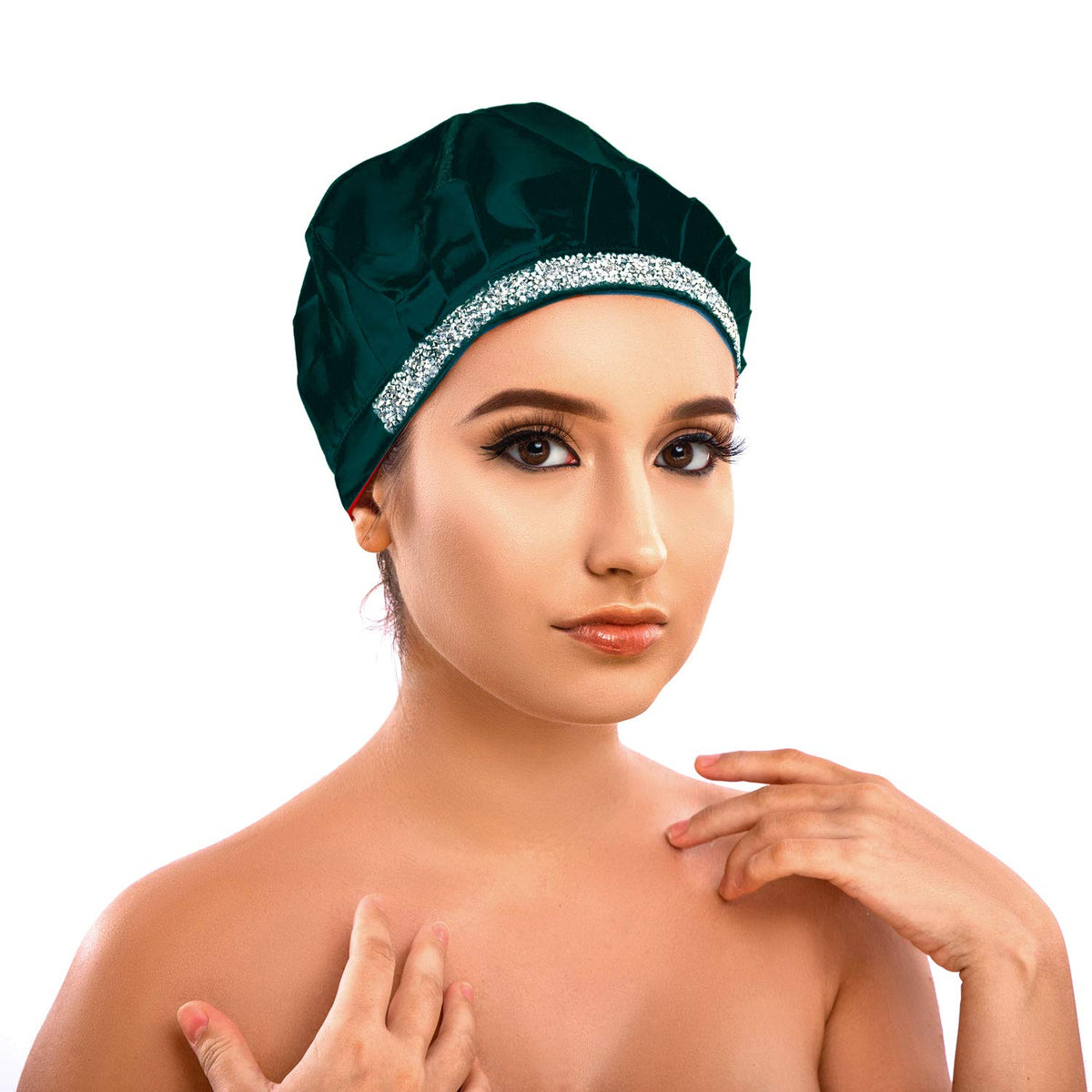 IMPRINTS BY MAU Soft Silk Bling Bonnet Night Cap, Satin Smooth Rhinestone Sleep Hat with Wide Band, Prevents Hair Damage and Fri