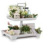 Hanobe Farmhouse Tiered Tray Stand: Rustic White Wood 2 Tier Serving Tray Decor Two Rectangle Wooden for Kitchen Counter Centerp