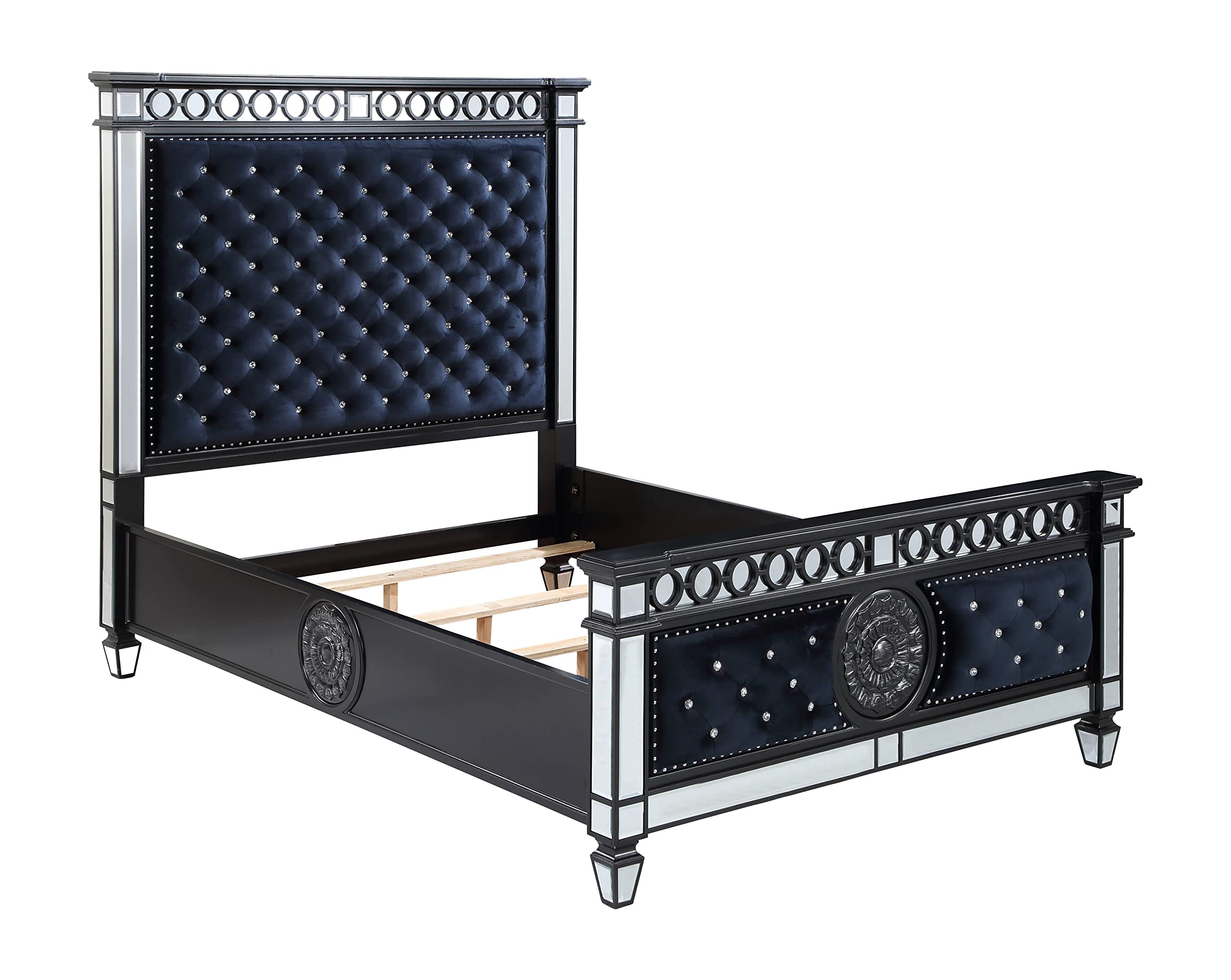 Acme Varian II Queen Bed in Dark Navy Velvet and Black and Silver