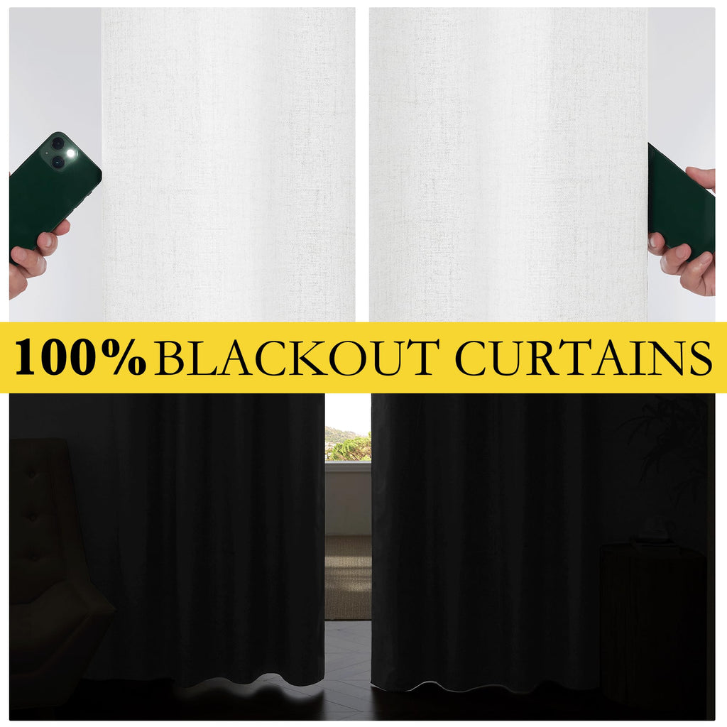 Nicetown 100% Absolutely Blackout Linen Curtains With Thermal Insulated Grey Liner, Greyish White, 52 Inches Wide, 84 Inches Length Energy Saving Curtains For Living Room 2 Panels Set, Vertical Blinds