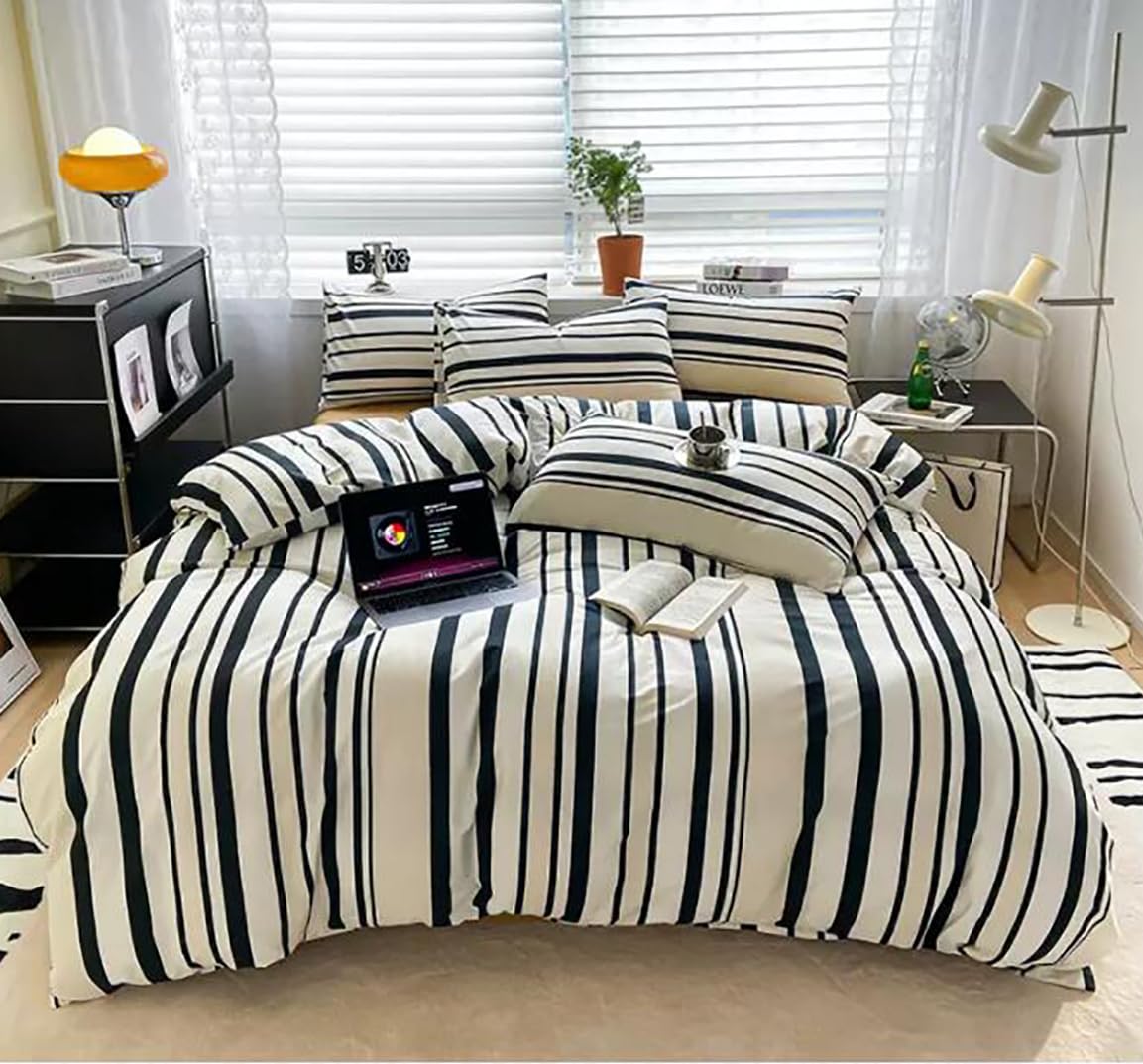 Karever Striped Comforter Queen Black White Comforter 3 Pieces Soft Stripes Comforter Set 1 Striped Queen Comforter (90X90 Inche