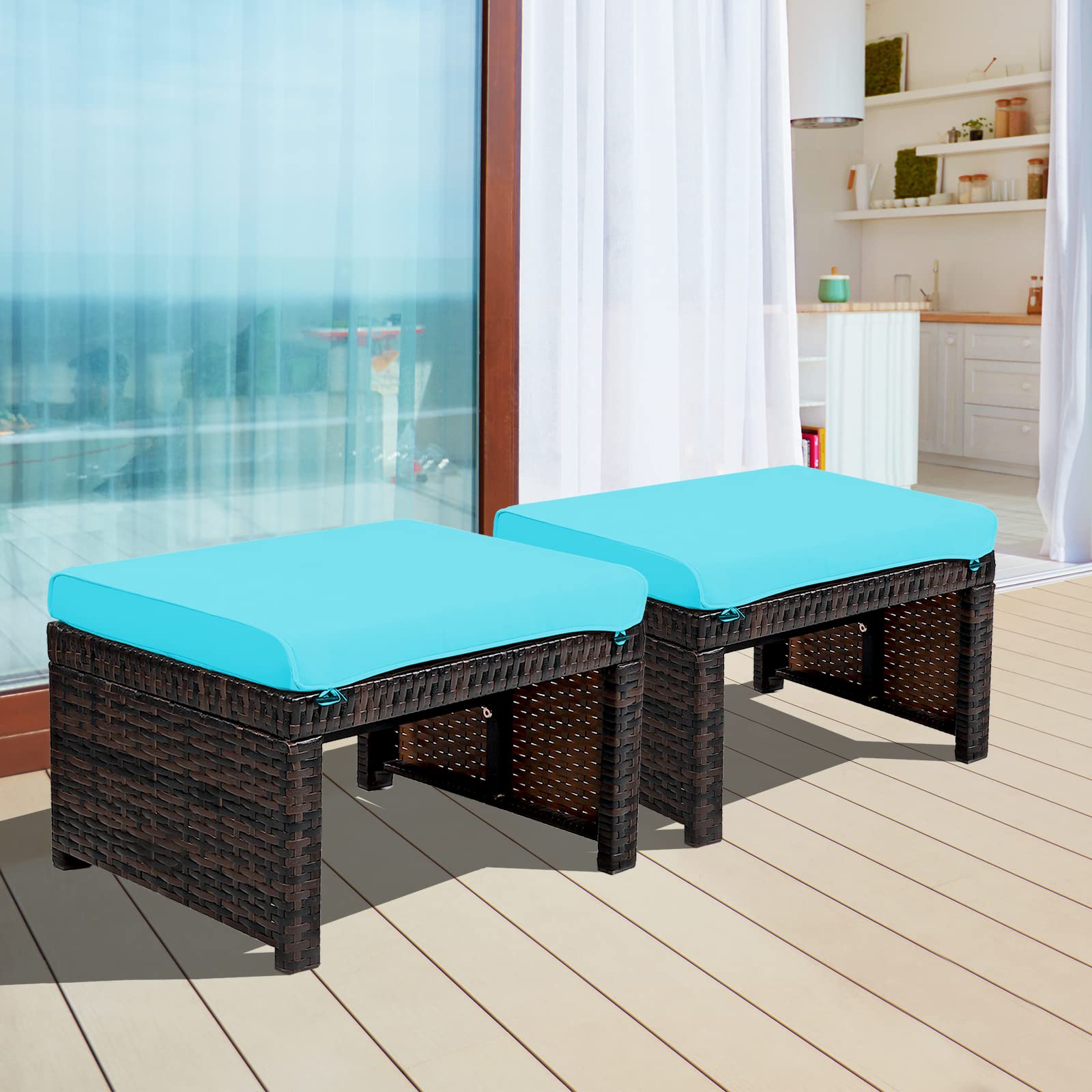 Oralner Outdoor Ottoman, Set Of 2 Wicker Footstools, All-Weather Rattan Foot Stools W/Removable Cushions, Patio Footrest Extra Seating For Porch, Poolside, Garden, Deck, Easy Assembly (Turquoise)