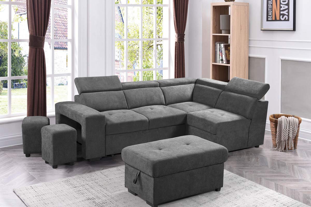 Lilola Home Henrik Light Gray Sleeper Sectional Sofa with Storage Ottoman and 2 Stools
