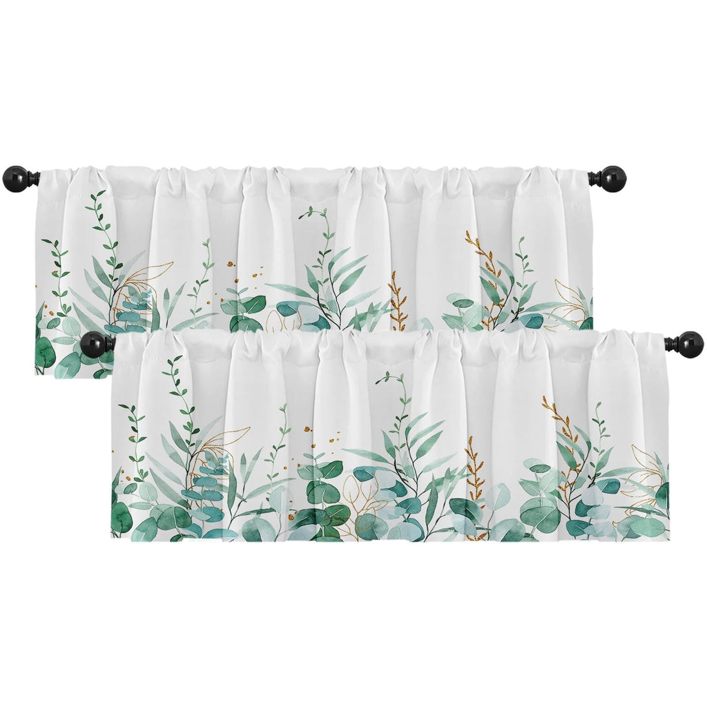 Emvency 2 Pack Valances Window Treatments, Green Eucalyptus Leaves Golden Leaf Blackout Drapes Adjustable Curtain Valances for W