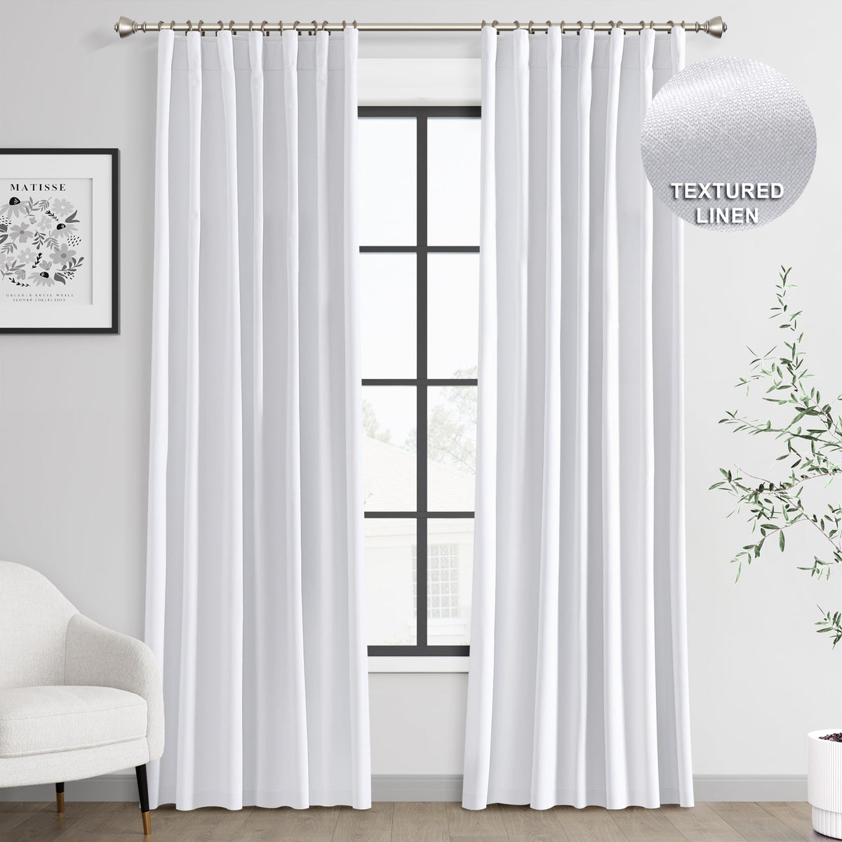 Joywell Linen 100% Blackout Curtains 96 Inches Long, Rod Pocket/Back Tab/Hook Belt/Clip Rings,Pinch Pleated Thermal Insulated Drapes For Master Bedroom Living Room (2 Panels,52 X 96, White)