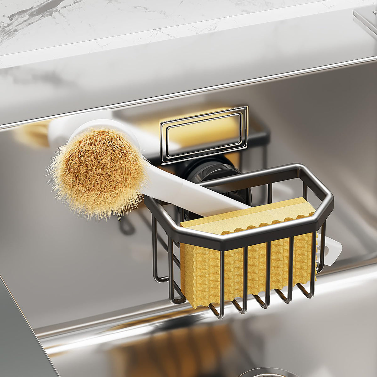 TAILI Sponge Holder with Strong Suction Cup, Dish Sponge Caddy Inside Sink Removable, Rustproof Aluminum for Sponges, Brushes, S