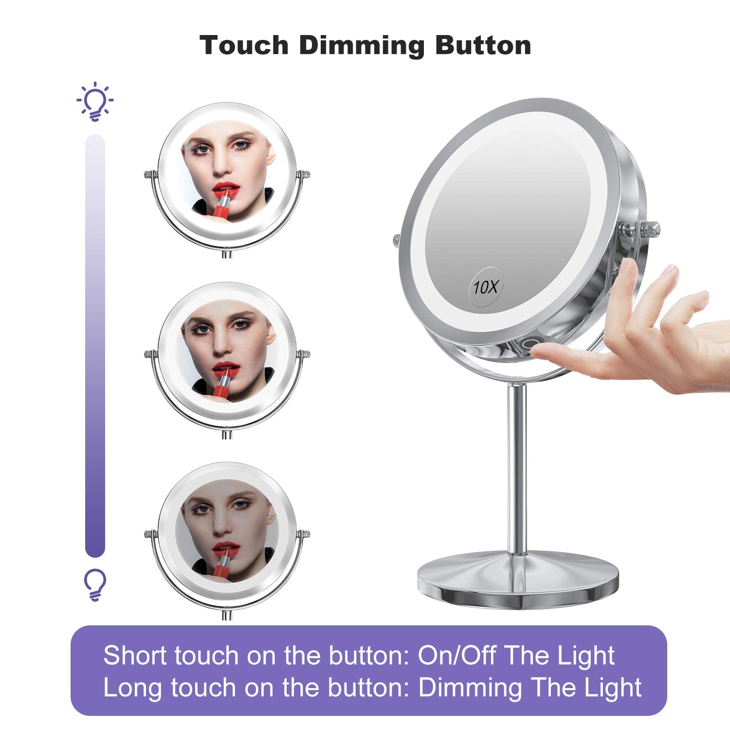 Gospire Led Makeup Mirror 1X/10X Magnifying With Touch Screen Adjustable Led Light, 7' Lighted Vanity Swivel Mirror Double Side