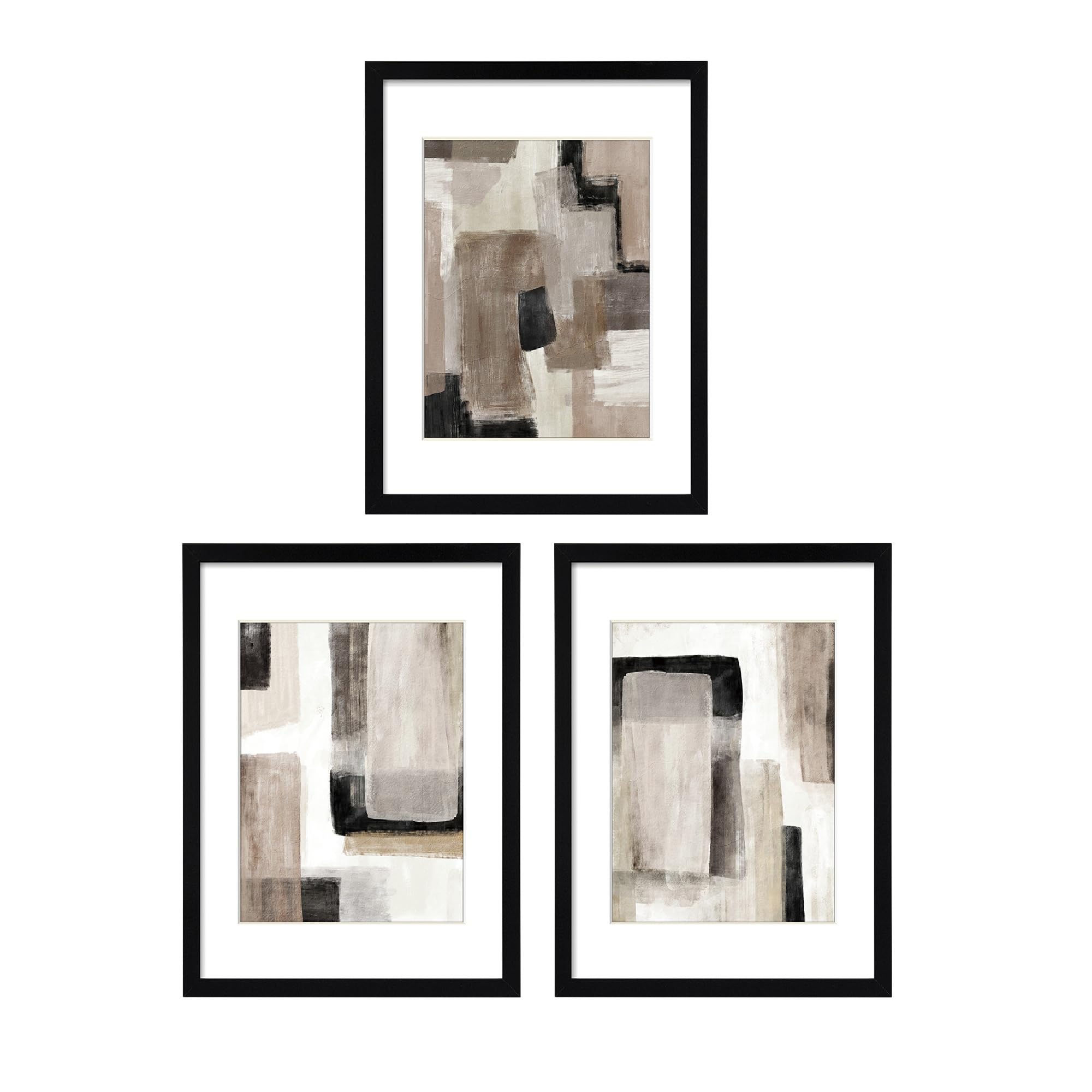 ArtbyHannah 11x14 Inch Black Framed Abstract Wall Art Set of 3 with Brown Black Tan Blocks for Wall Decor, Extra Art Prints of B