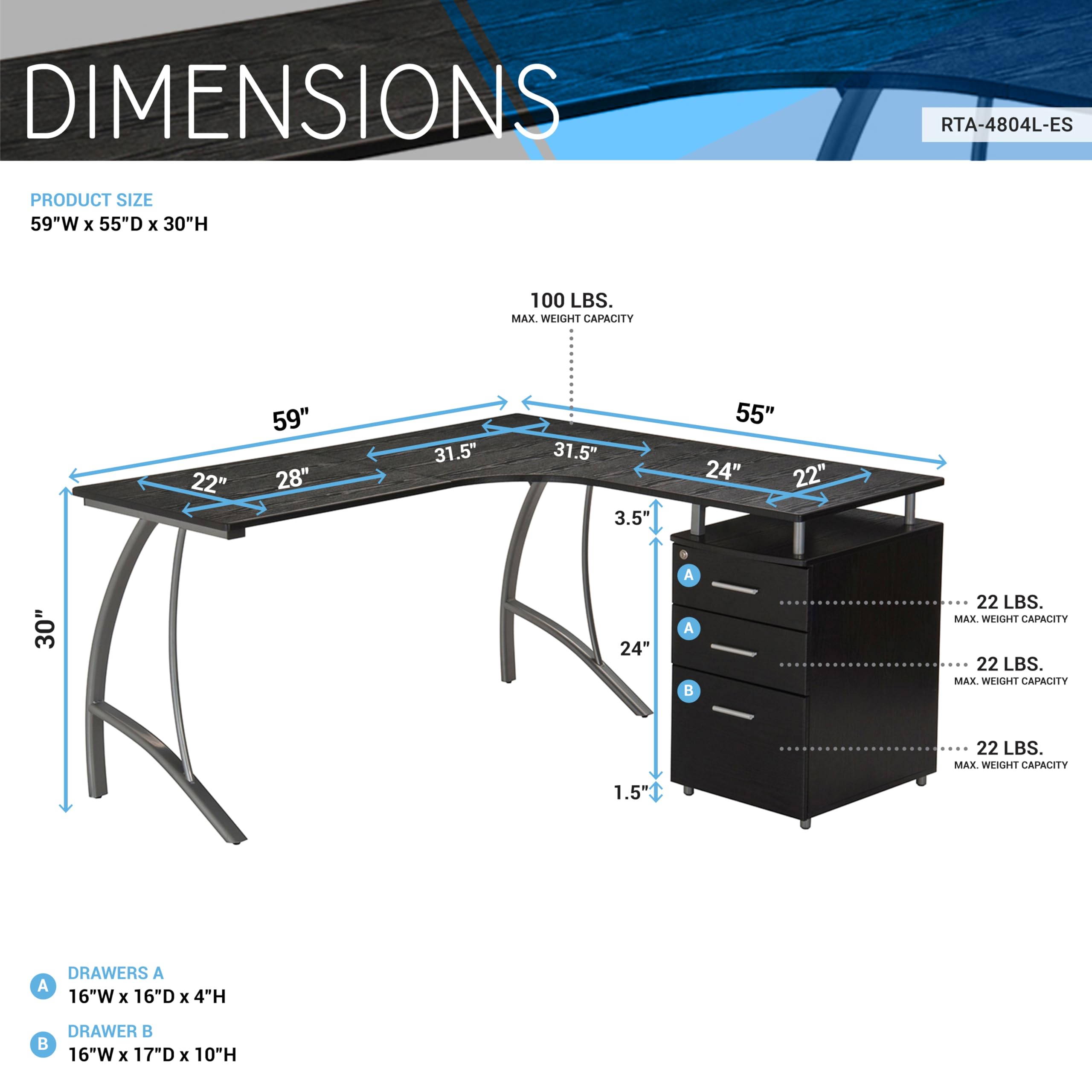 Techni Mobili Modern Computer File Cabinet and Storage L-Shaped Desk, Espresso