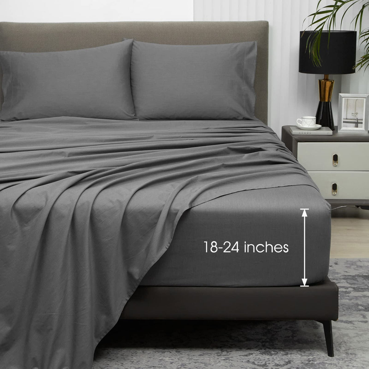 Hyprest Extra Deep Pocket Cal King Sheet Sets Fits 18'-24' In Deep Mattress -100% Cotton California King Sheet Set, Grey Hotel