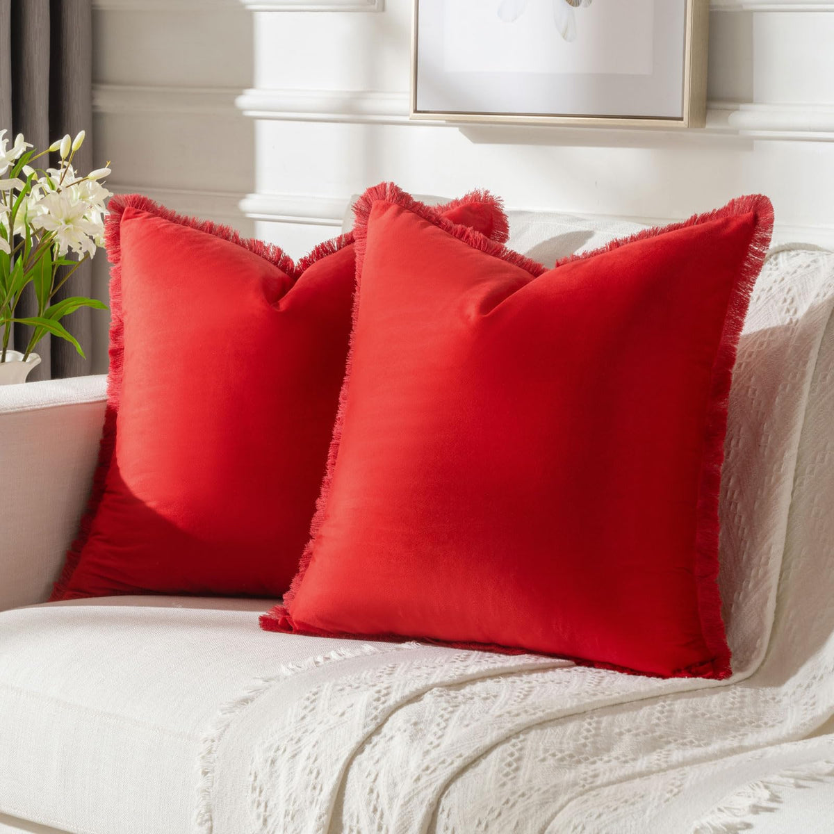 FUTEI Red Boho Throw Pillow Covers with Tassels 20x20 Inch Set of 2,Soft Velvet Decorative Cushion Case,Home Decor for Couch Bed