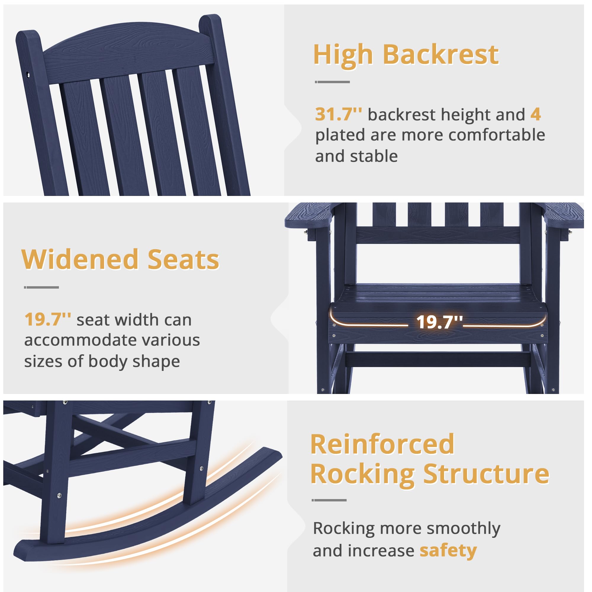 Lue Bona Outdoor Rocking Chair, Hdps Poly Rocking Chair, All Weather Resistant Plastic Outdoor Indoor Porch Rocker, Heavy Duty Rocking Chair For Patio, Lawn, Garden, 300Lbs, Midnight Blue