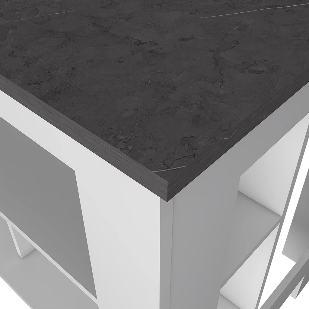 Kitchen Island, Kitchen Table 35" H, 4 Legs, 3 Open Storage Shelves, White/Onix