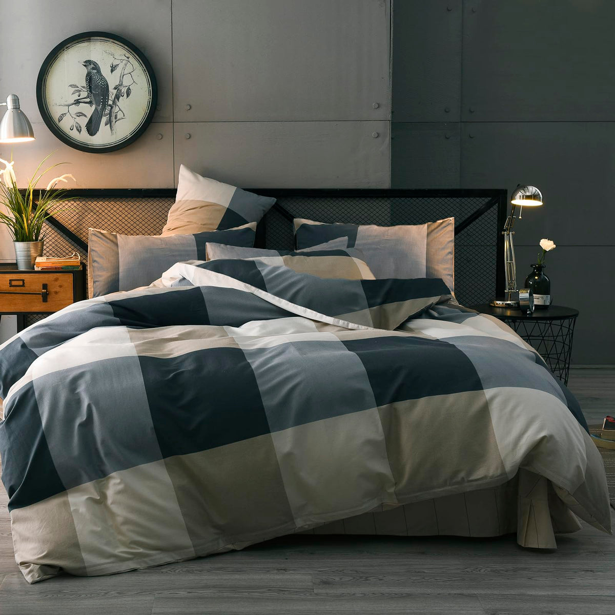 Mixinni Queen Size Checkered Duvet Cover Set - 3 Piece Grey Geometric Cotton Bedding Set With Zipper Closure & Corner Ties, 100%