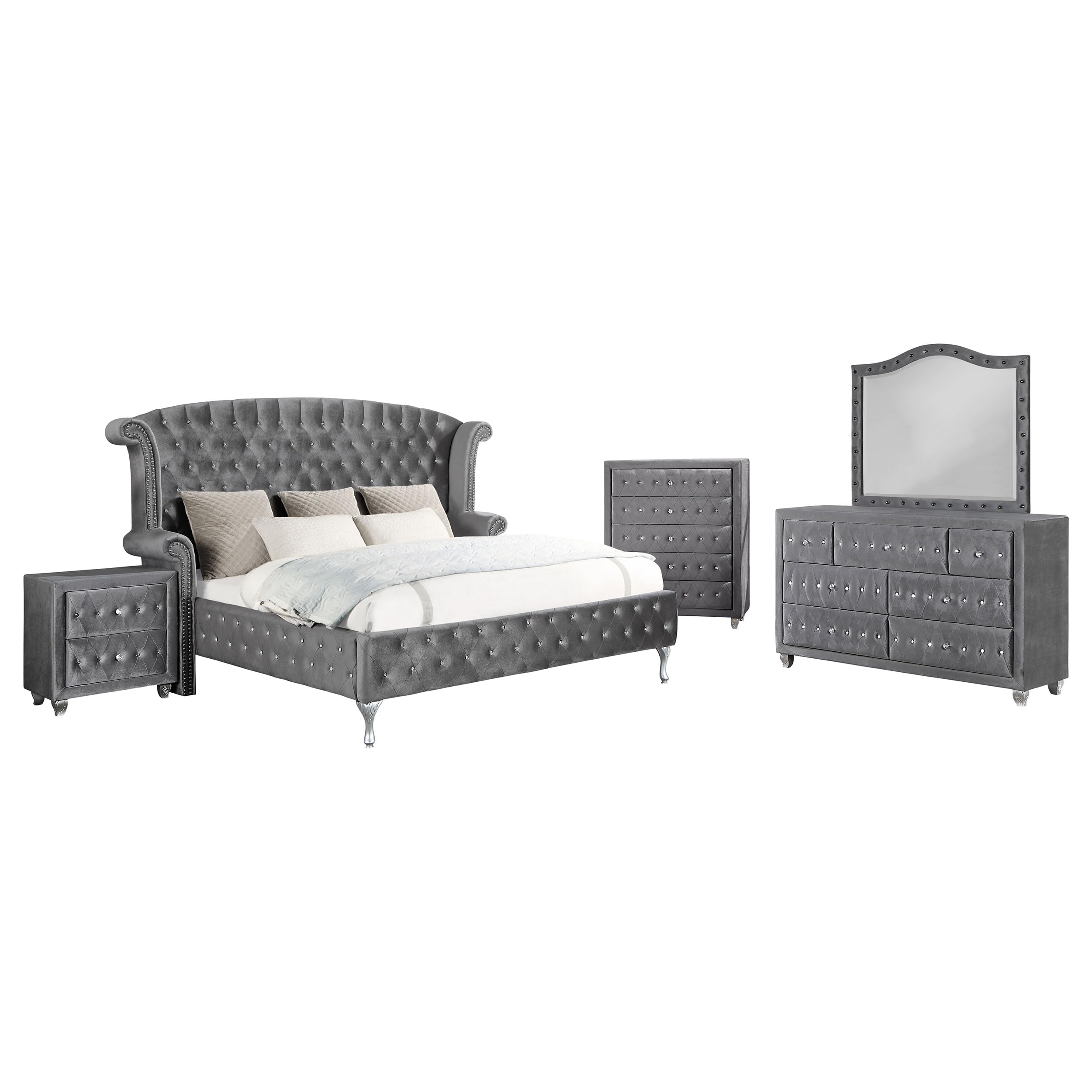 Coaster Home Furnishings Deanna Modern Classic 5-Piece Bedroom Set Velvet Upholstered California King Size Wingback Bed Frame 66-Inch Headboard Grey 205101Kw-S5