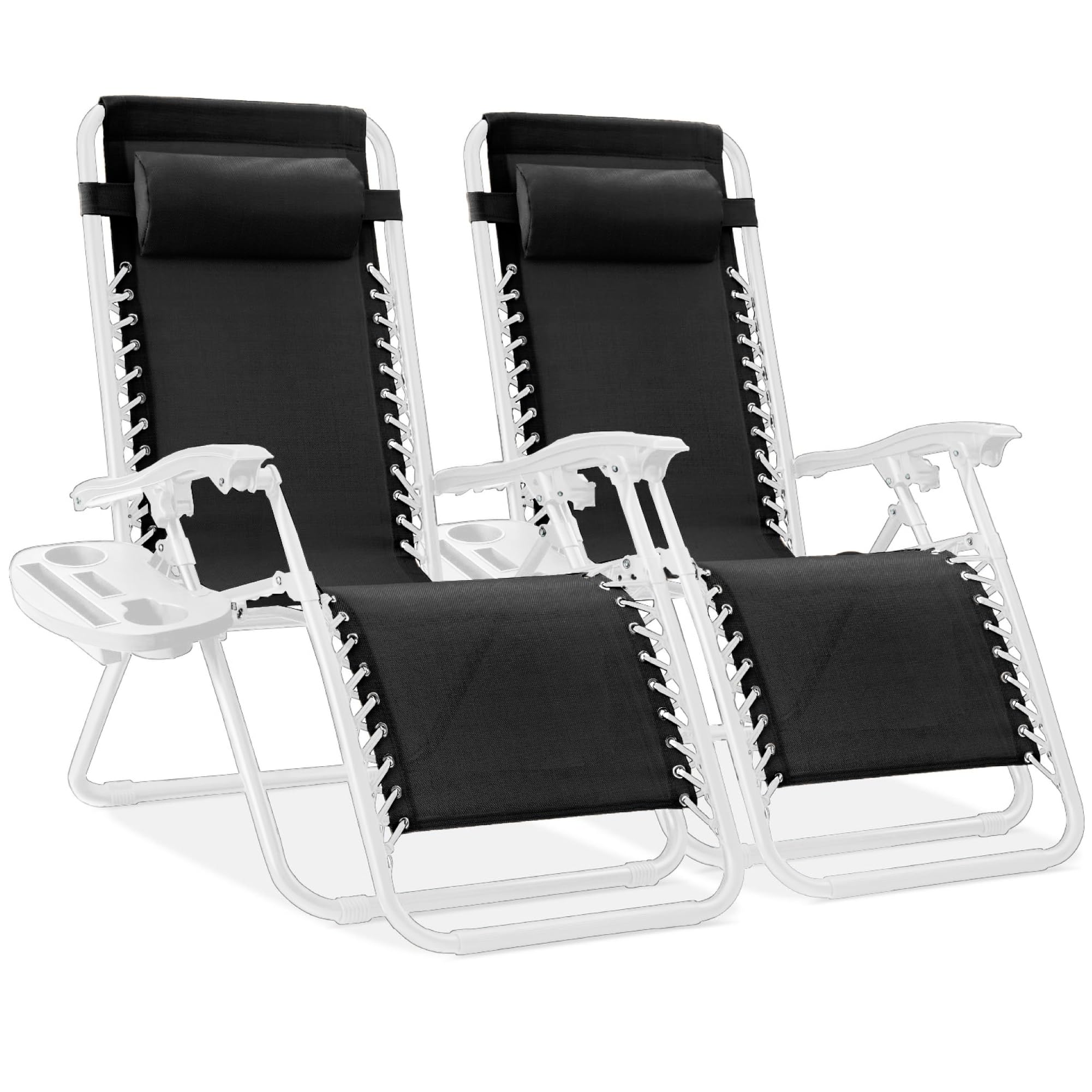 Best Choice Products Set of 2 Adjustable Steel Mesh Zero Gravity Lounge Chair Recliners w/Pillows and Cup Holder Trays - Black/W