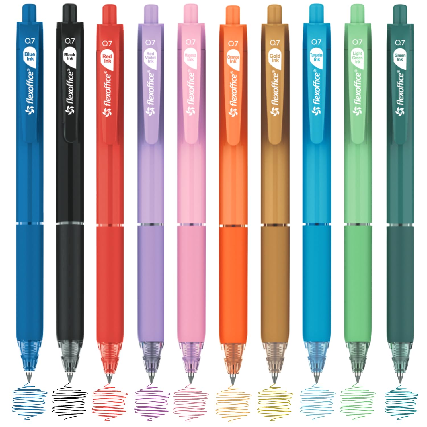 Flexoffice 10-Pack Assorted Colored Ink Retractable Ballpoint Pens, 0.7Mm Fine Point, Back To School Supplies For Kids, Teens, O
