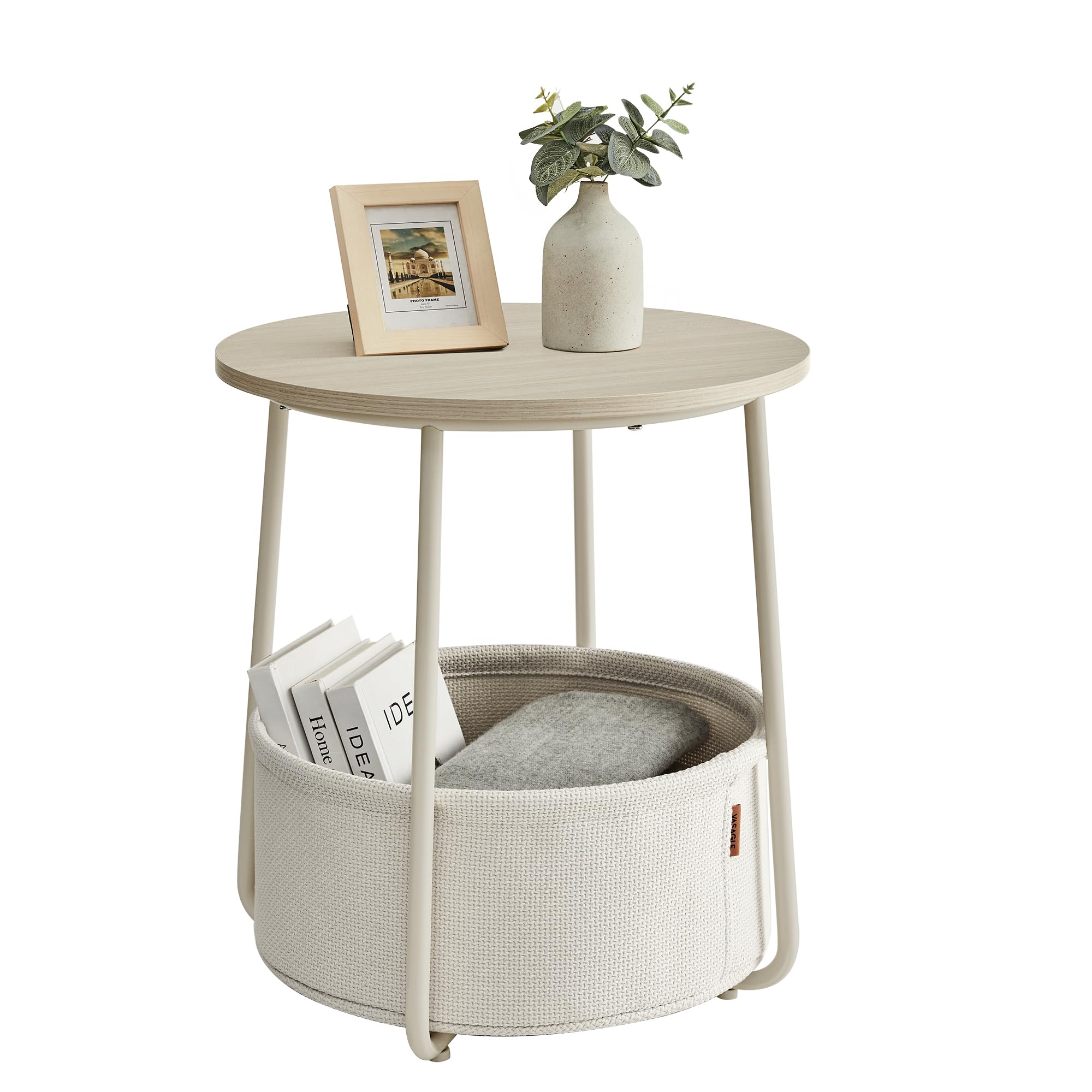 Vasagle End Table, Small Bedside Table With Fabric Basket, Modern Nightstand, Round Side Table, For Living Room, Bedroom, Cream White Ulet223K67