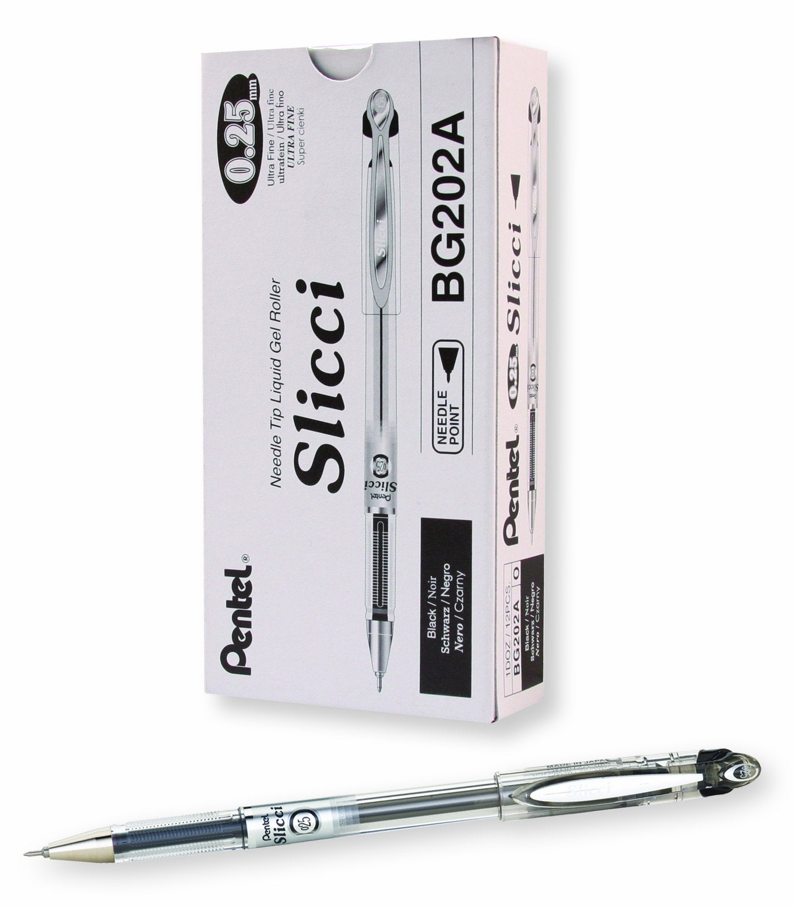 Pentel Arts Slicci 0.25 Mm Extra Fine Gel Pen, Black Ink, Box Of 12 (Bg202-A)