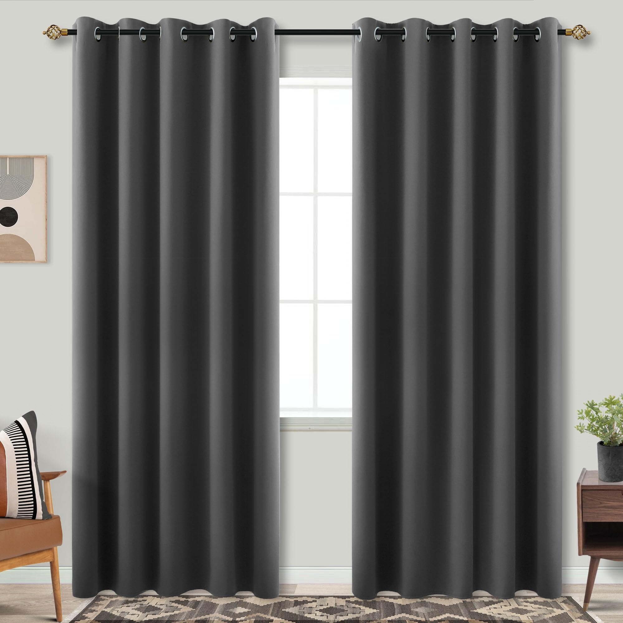 Mrs.Naturall Dark Grey Curtains 72 By 90 Living Room 2 Panels Blackout Room Darkening Curtains