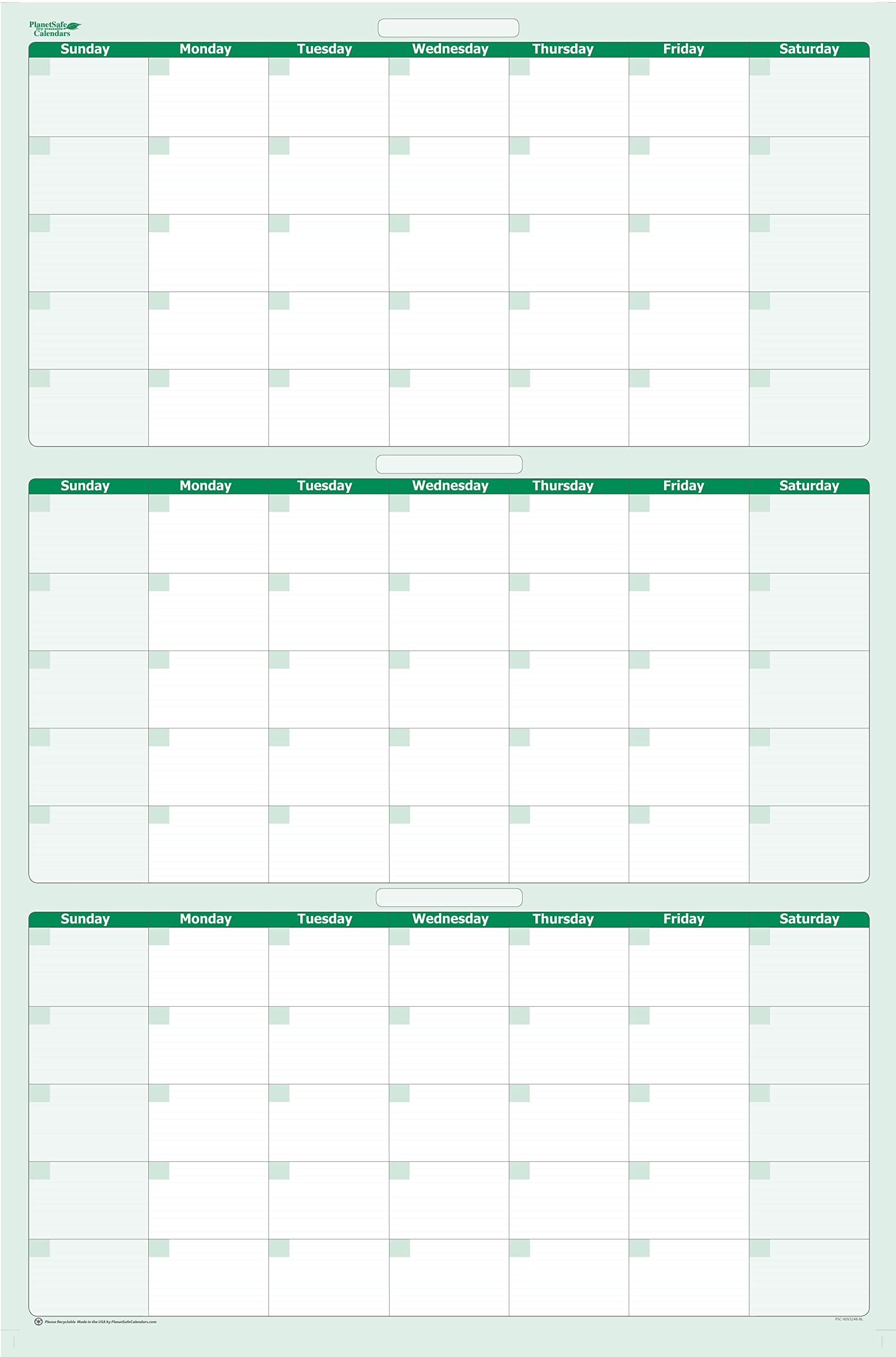 36' X 24' Earth Green Vertical 90-Day Task, Goals And Objective Erasable Calendar - Large Wall Planner For Home, Office, Schoo