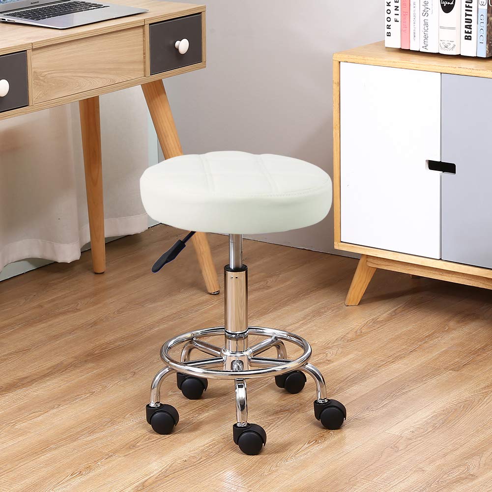 Kktoner Round Rolling Stool Chair Pu Leather Height Adjustable Swivel Drafting Work Spa Shop Salon Stools With Wheels Office Chair Small (White)