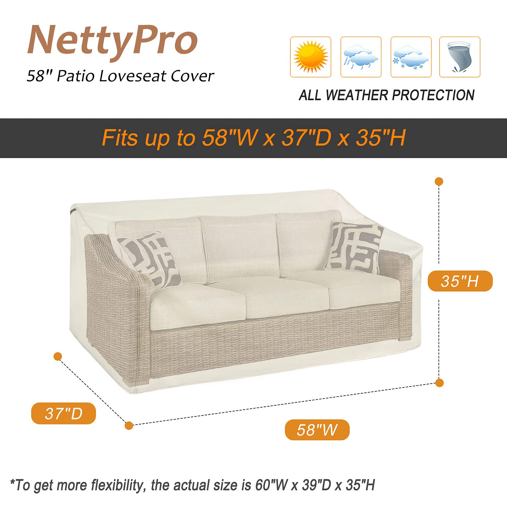 Nettypro Outdoor Loveseat Sofa Cover Waterproof 3-Seater Patio Furniture Bench Sofa Cover, 58'W X 37'D X 35'H, Beige