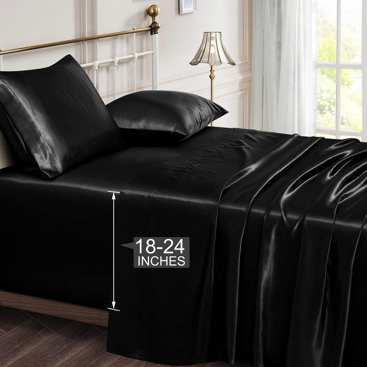 Vonty Satin Sheets Extra Deep Pocket Queen Sheet Sets - Cooling & Silky Satin Queen Size Sheets With 18-24 Inch Deep Pocket, Bla