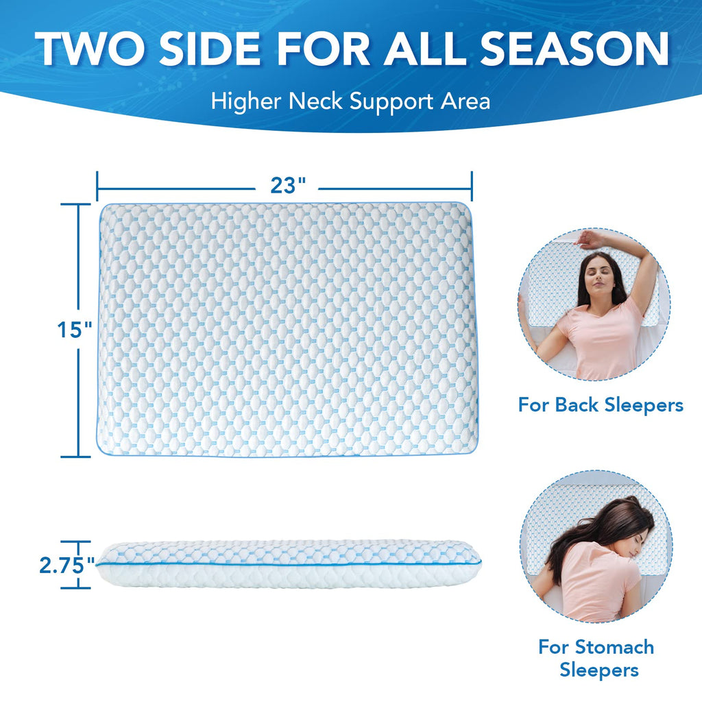 Cooling Gel Flat Pillow For Stomach And Back Sleepers, Ultra Thin Pillow For Sleeping, Slim Stomach Sleeping Pillow For Shoulder