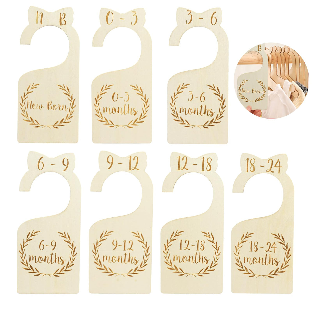 7 Pcs Closet Dividers Set, PreLabeled Wooden HookStyle Size Tags, Easy Size Closet Organization & Storage for Nursery, Wardrob