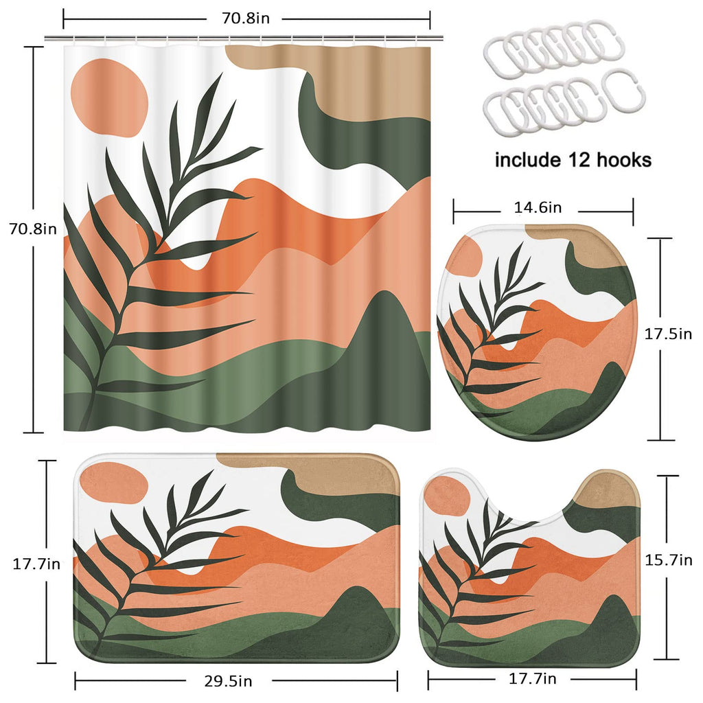 Tayney Boho Mid Century Shower Curtain Set With Toilet Lid Cover And Non-Slip Rugs, Abstract Sun Mountain Plants 4 Pcs Modern Sh
