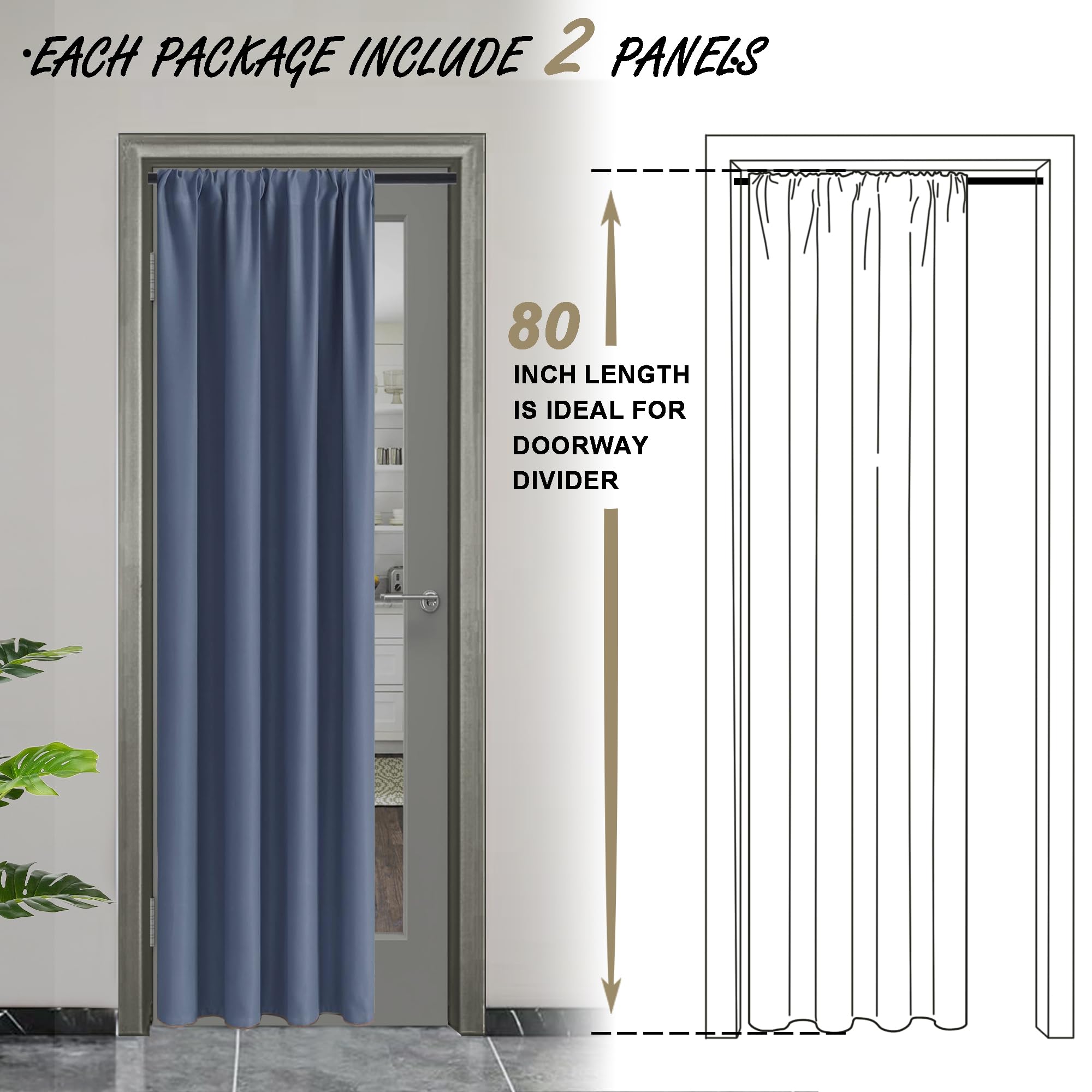 Jiuzhen Blackout Doorway Curtains 80 Inch Length - 2 Panels Thermal Insulated Privacy Soundproof Rod Pocket Closet Door Curtains Room Divider For Bedroom, Office, 42 X 80 Inches, Dusty Blue