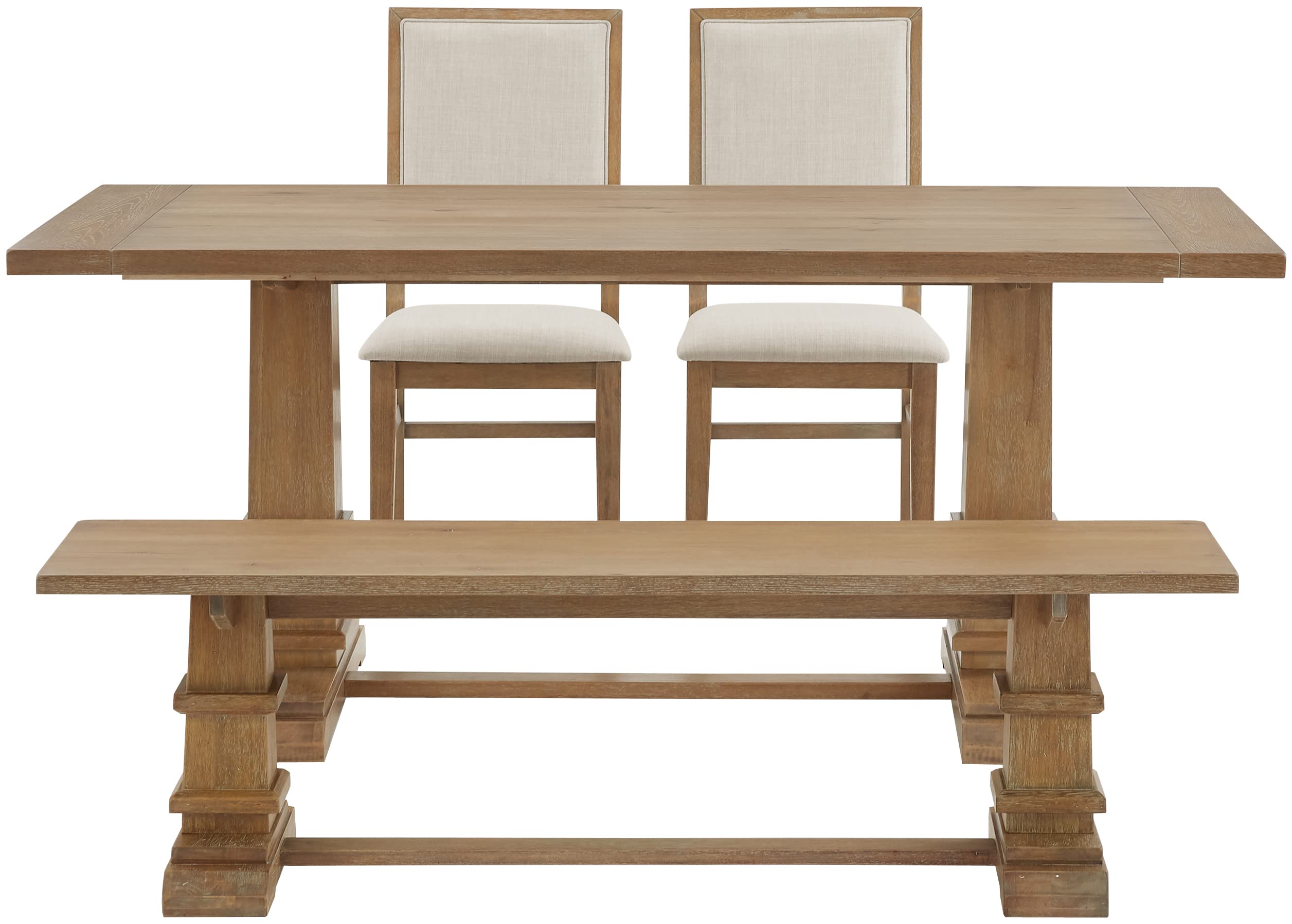 Crosley Furniture Joanna 4-Piece Modern Farmhouse Dining Table Set for 5 with 2 Upholstered Chairs and a Wood Bench, Rustic Brown/Creme