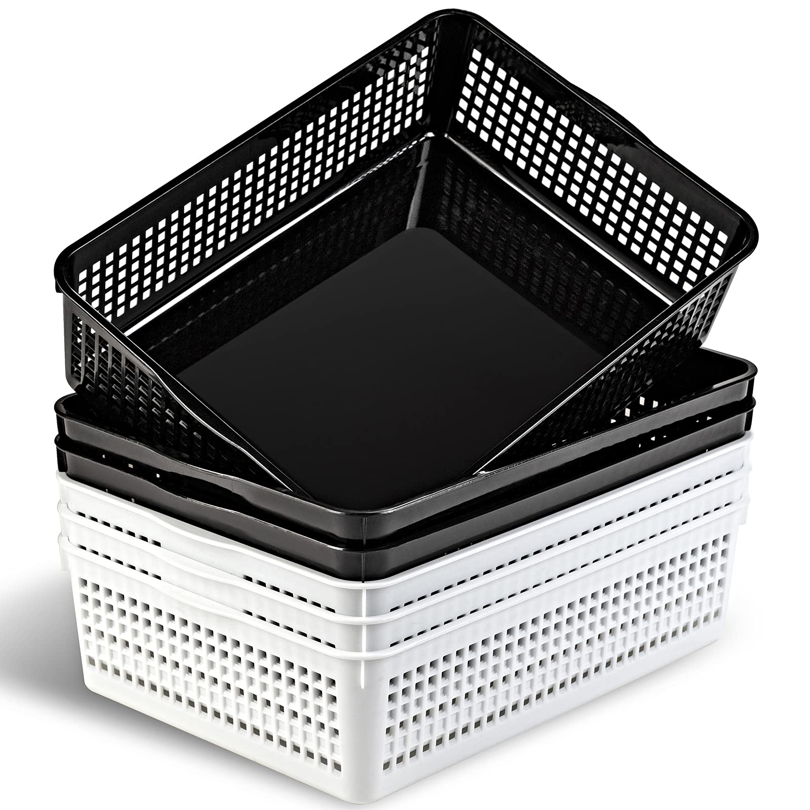 Eslite A4 Size Plastic Storage Basket,Desktop File Paper Letter Organizer Tray, 6-Packs (White+Black)