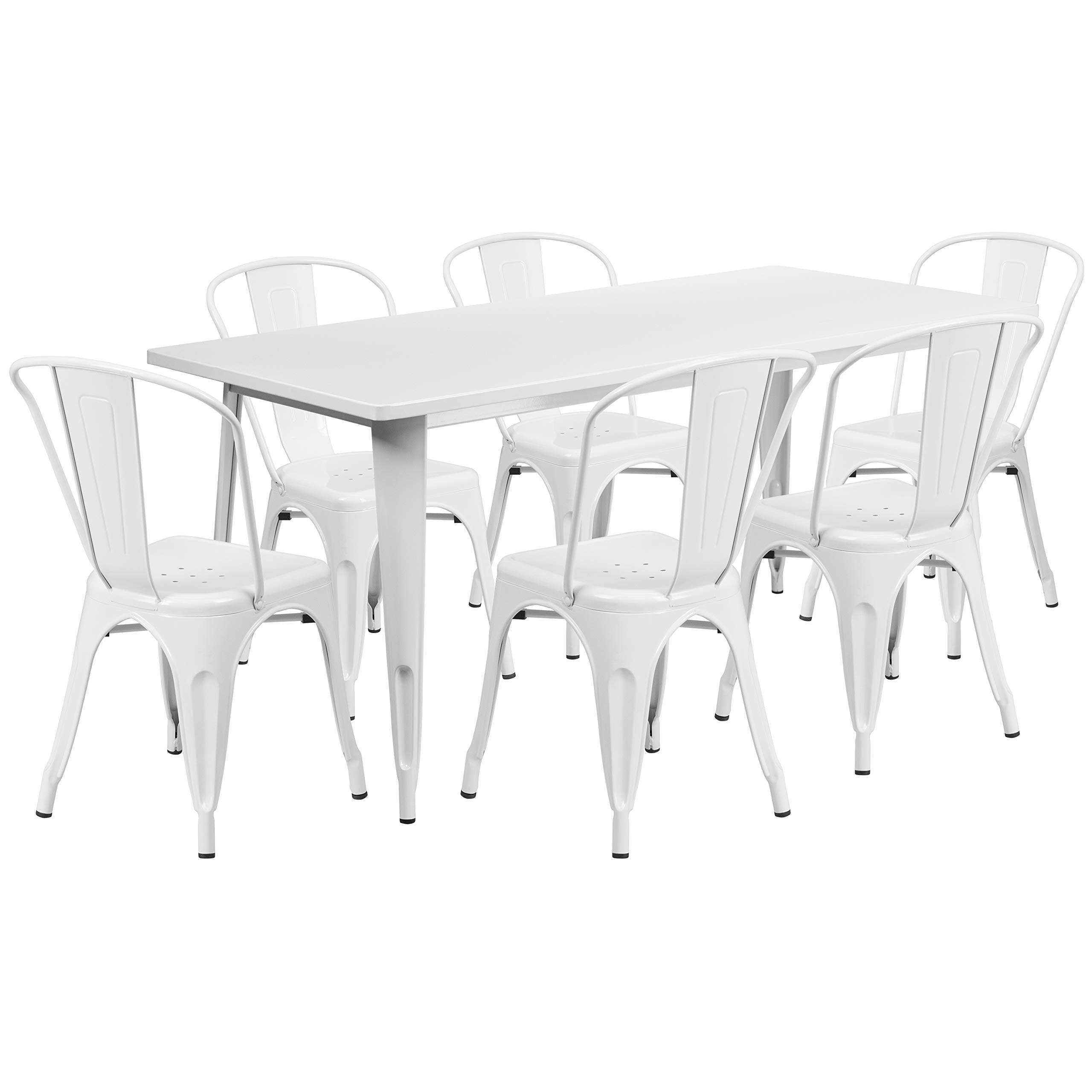 Flash Furniture Commercial Grade 31.5" x 63" Rectangular White Metal Indoor-Outdoor Table Set with 6 Stack Chairs