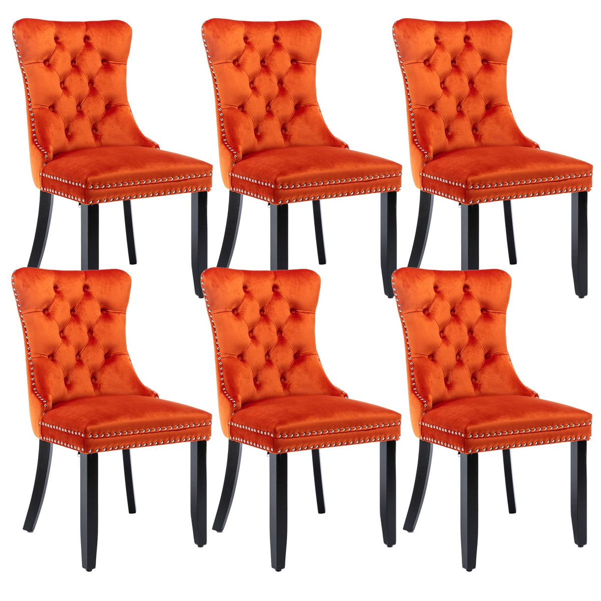 Velvet Dining Chairs Set Of 6, Upholstered Dining Room Chairs With Back Ring Pull Trim And Solid Wood Legs,Tufted Wingback Kitch