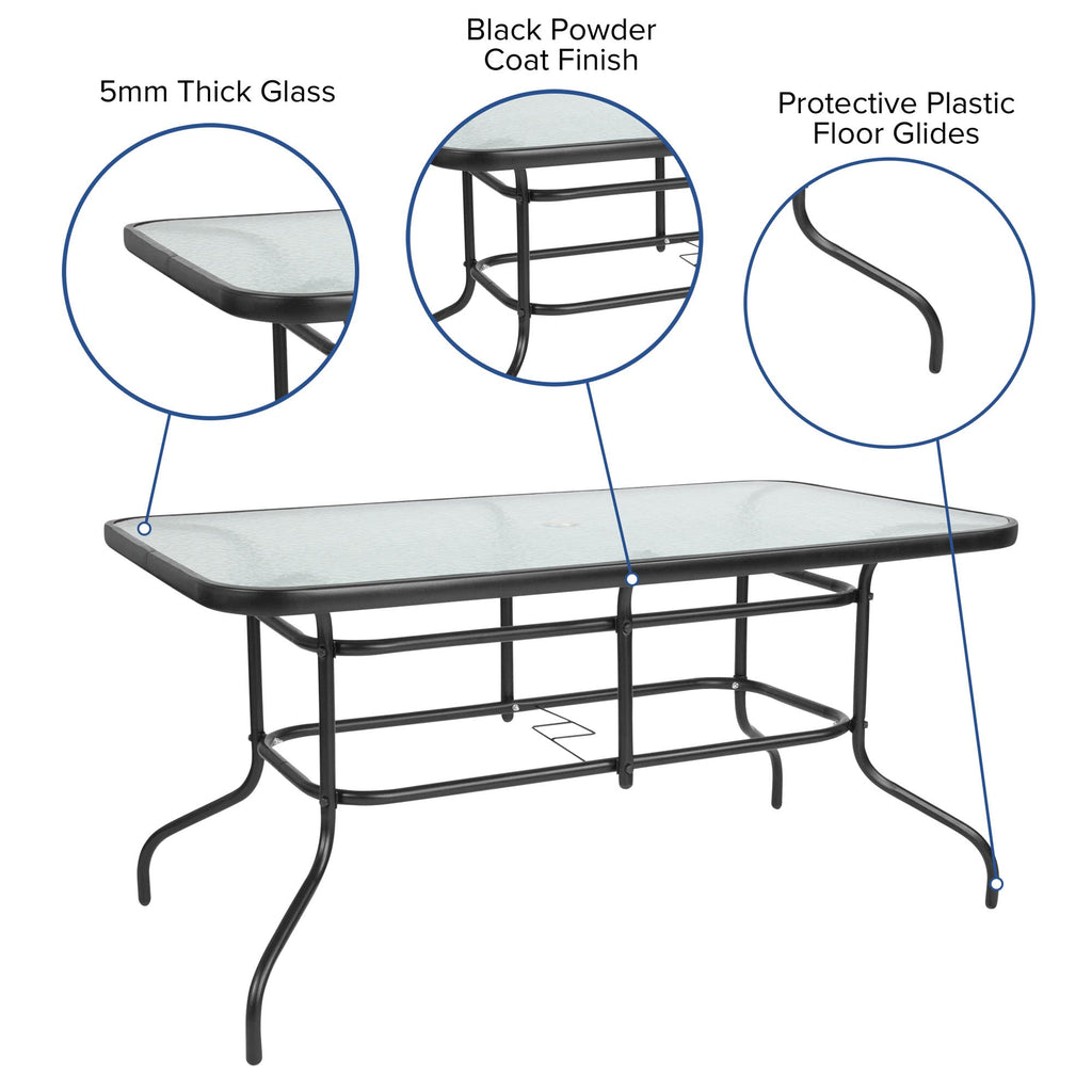 Flash Furniture Brazos Series 7-Piece Glass Patio Table And Chairs Set, Outdoor Patio Dining Set With Rectangular Table, 6 Sling Patio Chairs, Brown