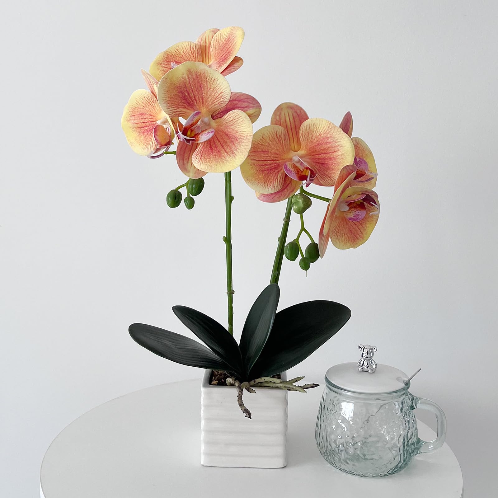 LZTDRZH Artificial Orchids for Home Decor Indoor with Vase Orchids Artificial Flowers Orange Orchid Height 14 Inches