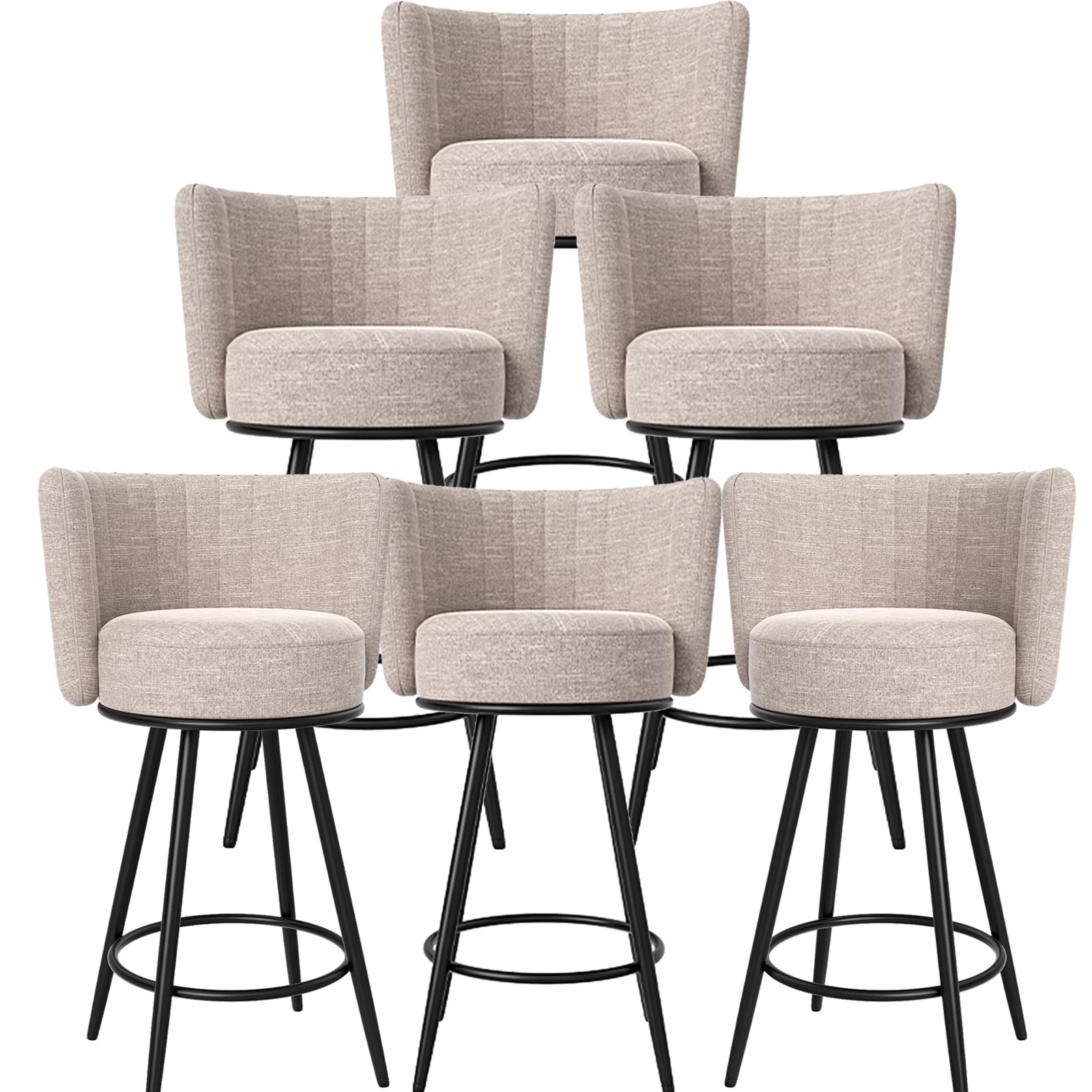 HONIFUR Bar Stools Set of 6, 27  Tufted Modern Counter Height Bar stools, Upholstered Barstools with Back & Footrest Metal Legs,