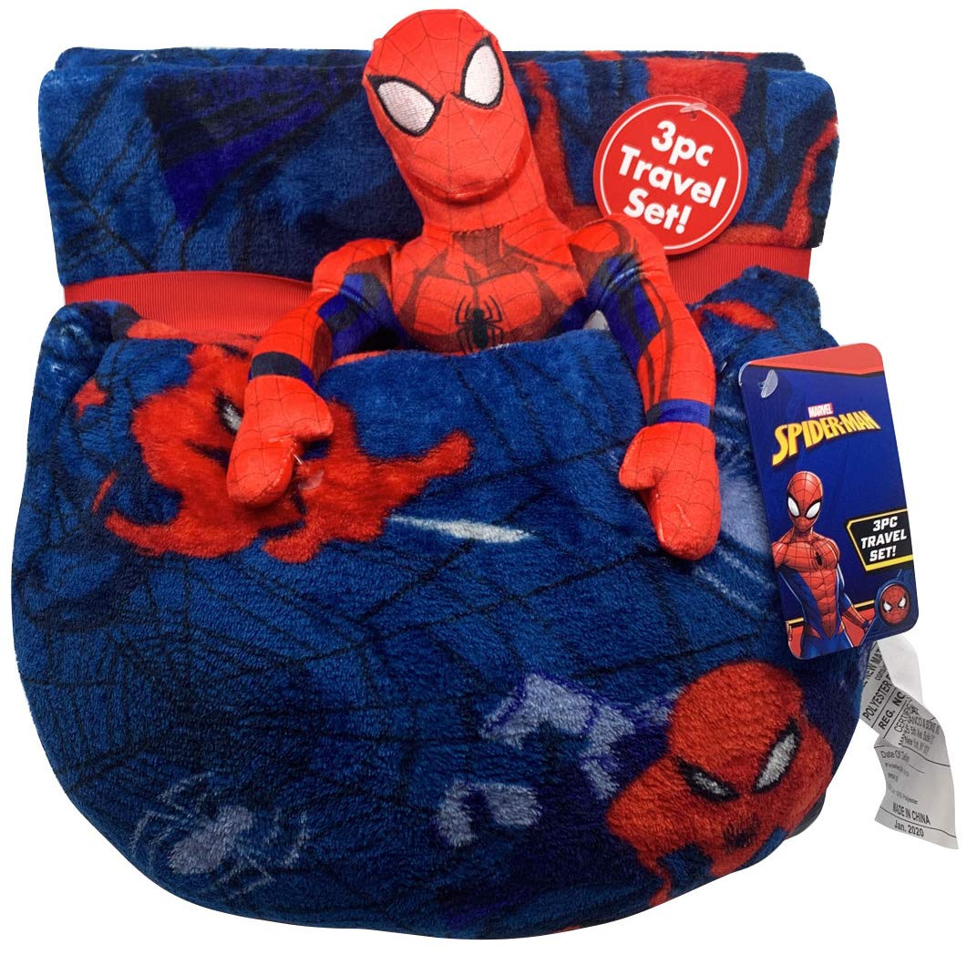 Jay Franco Marvel Spiderman Travel Set - 3 Piece Kids Travel Set Includes Blanket, Pillow, & Plush