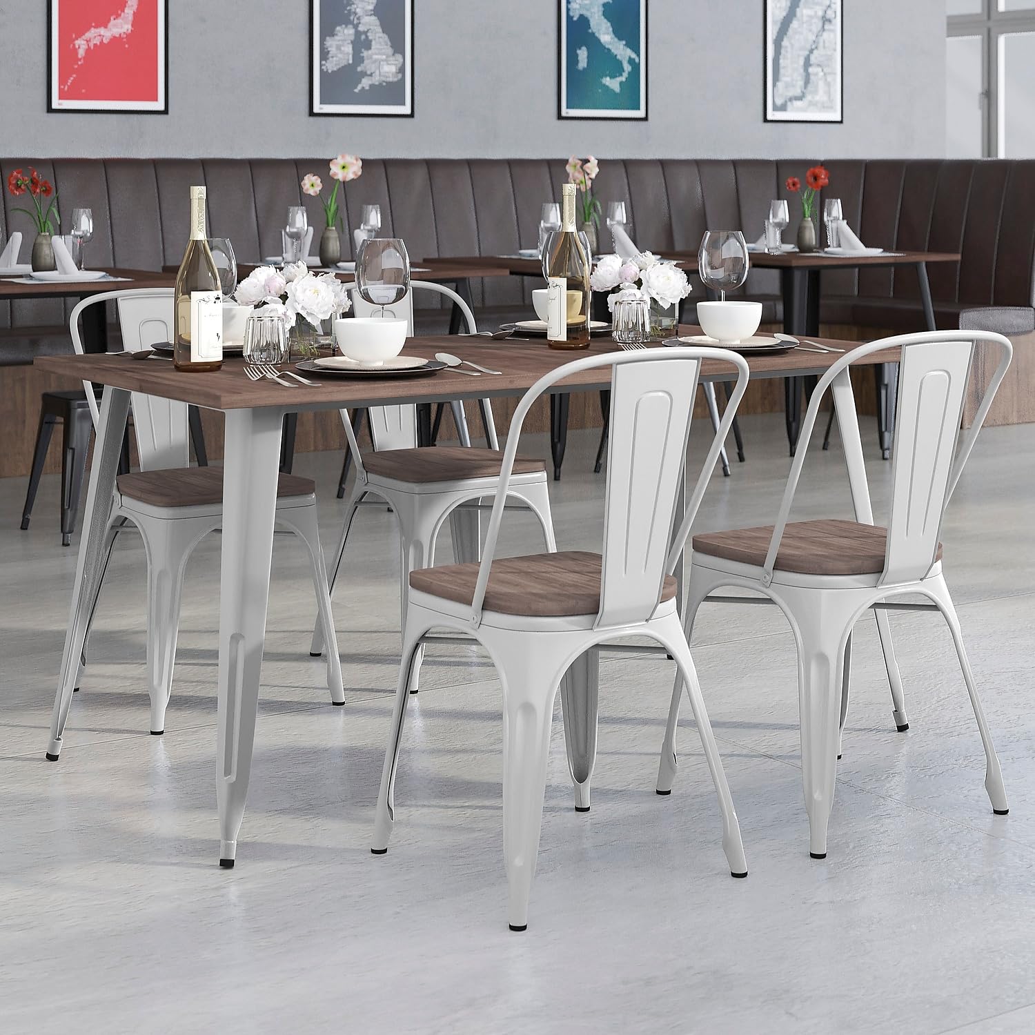 Flash Furniture 30.25&quot; X 60&quot; Metal Table Set With Wood Top And 4 Stack Chairs, Silver