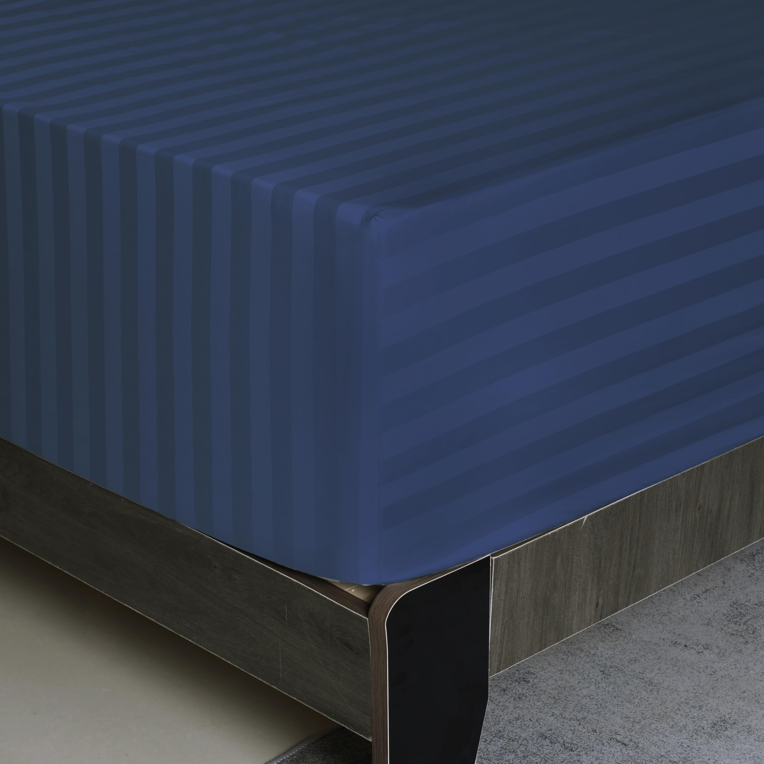 King Size Striped Fitted Sheet Only Navy Blue Color, 100% Egyptian Cotton 600 Thread Count, 16'' Deep Pocket Premium Cotton Matt