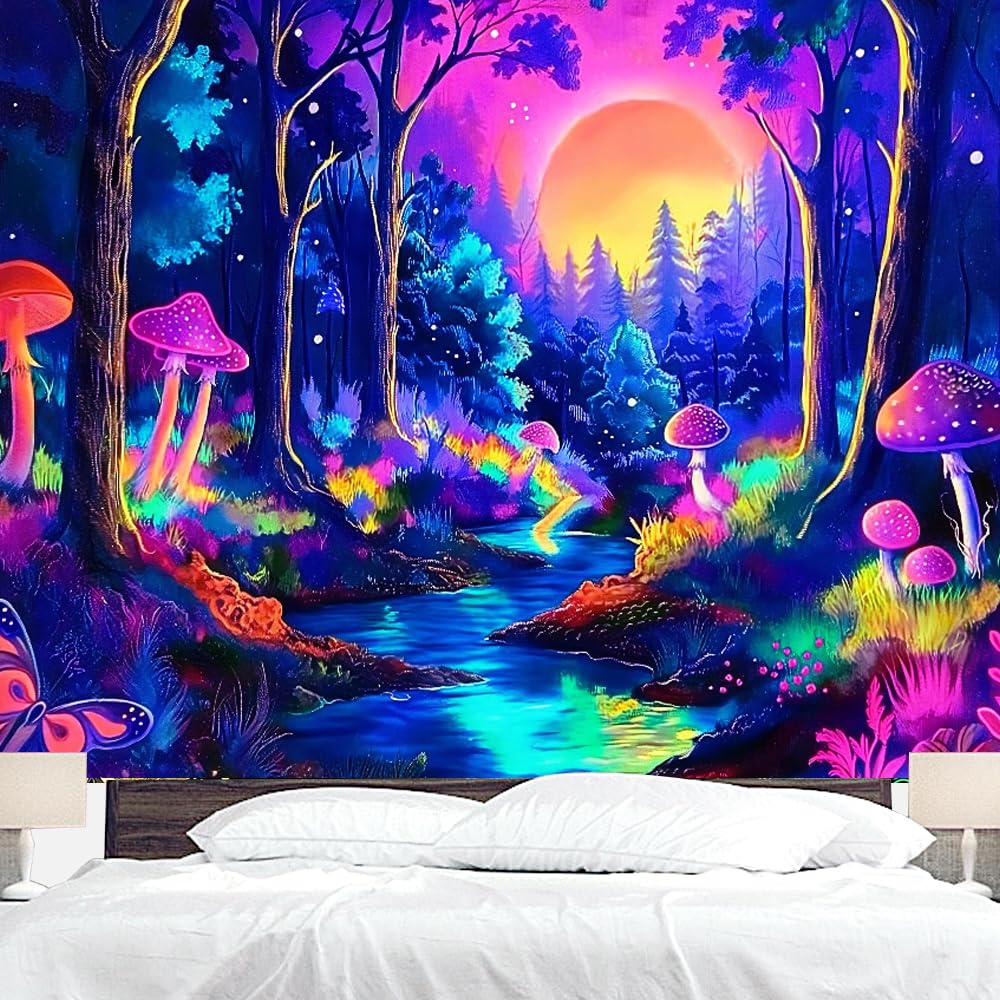 Bjyhiyh Extra Large Blacklight Tapestry Wall Hanging Aesthetic Landscape Tapestries For Bedroom Living Room Decor(90'  70')