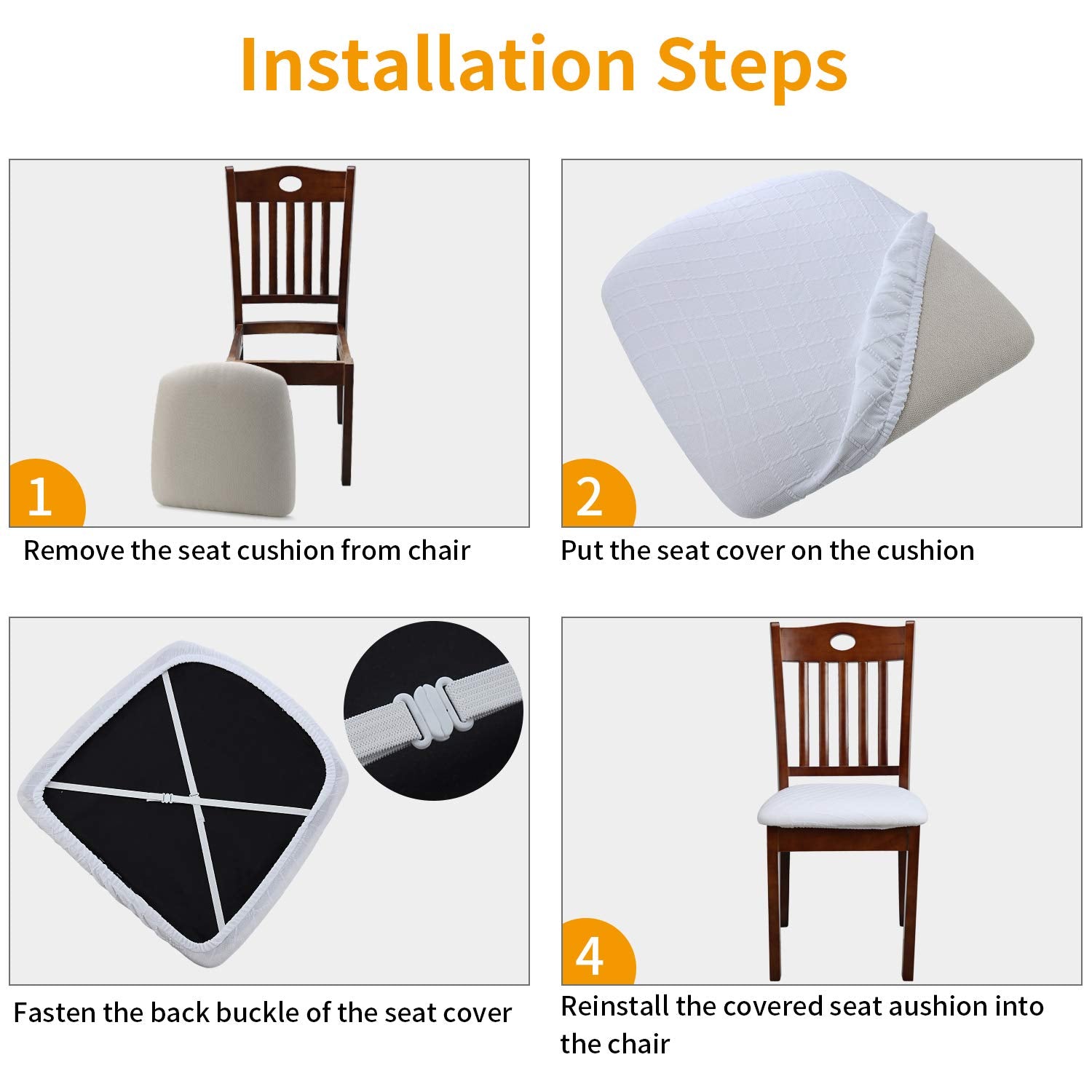 Fuloon Stretch Jacquard Chair Seat Covers Set Of 4, Removable Washable Dining Chair Covers Anti-Dust Dining Room Chair Covers Seat Cushion Slipcovers (4, White)