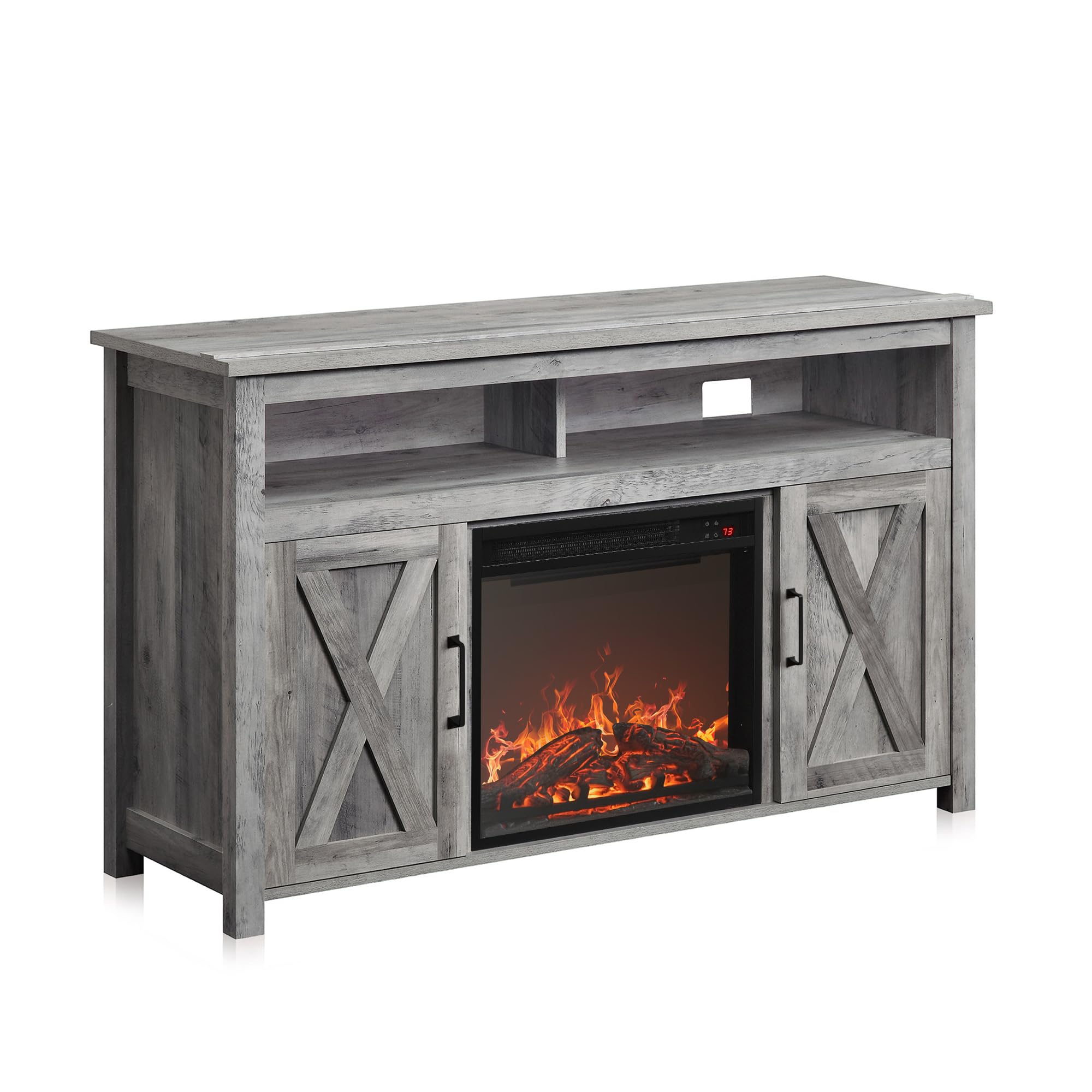 Belleze Modern 48' Barn Door Wood Tv Stand With 18' Electric Fireplace Heater & Media Entertainment Center Console Table For Tv Up To 50' With Two Open Shelves And Cabinets - Corin (Grey Wash)